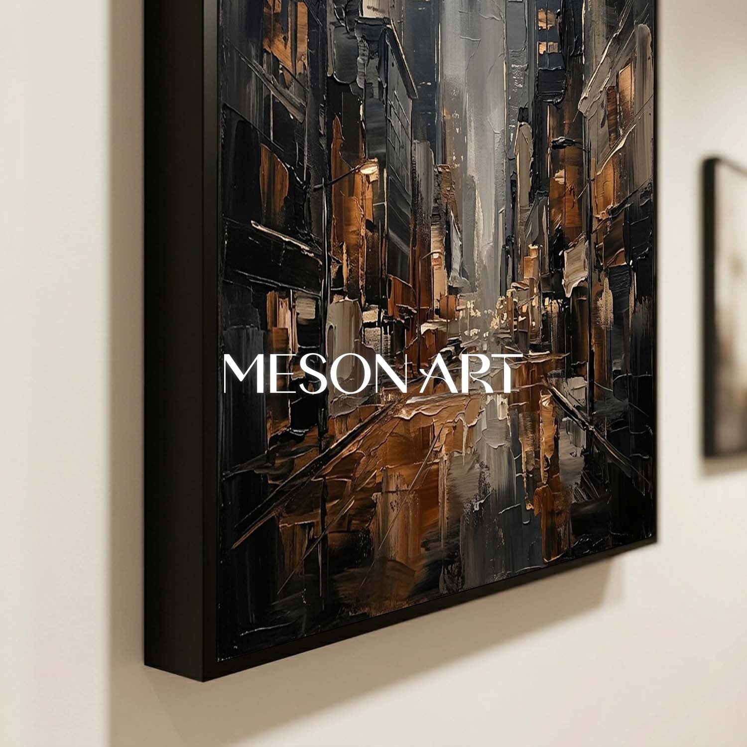 Bronze And Grey Abstract City Painting With Textured Plaster Finish For Executive Office Decor