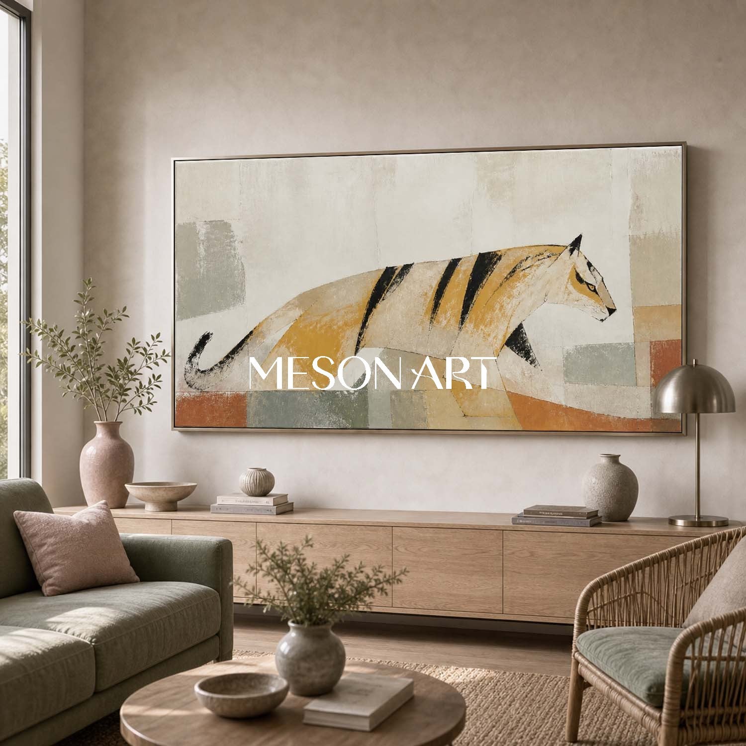 Abstract Tiger Canvas Art Minimalist Geometric Painting For Modern Living Room Decor