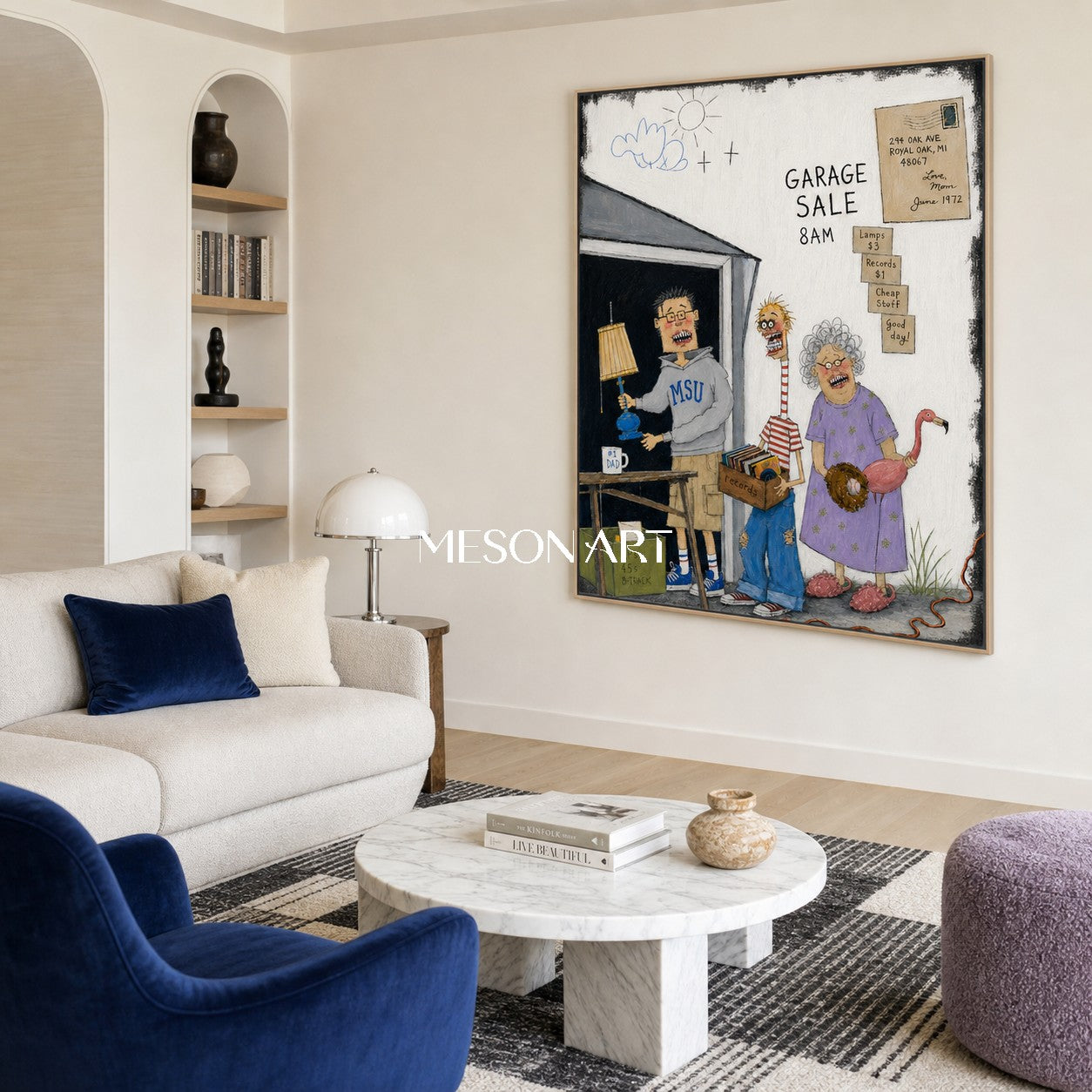 Purple Blue Graffiti Cartoon Narrative Garage Sale Art Rectangular Wall Decor For Living Room By Mesonart
