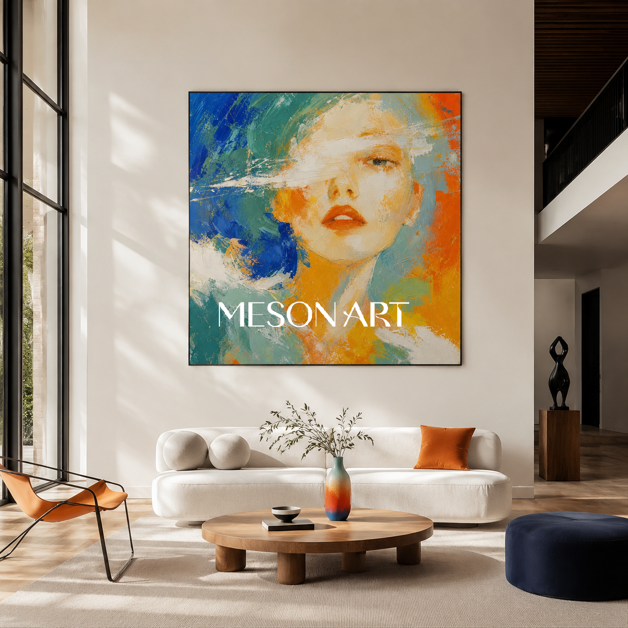Blue And Orange Abstract Portrait Painting Colorful Contemporary Modern Woman Original Oil On Canvas Square Wall Art By Mesonart