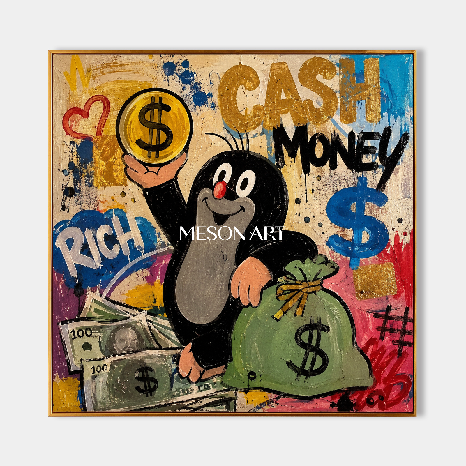 Funny Cartoon Mole With Money Pop Art Graffiti Painting On Linen Canvas For Living Room And Entryway Decor