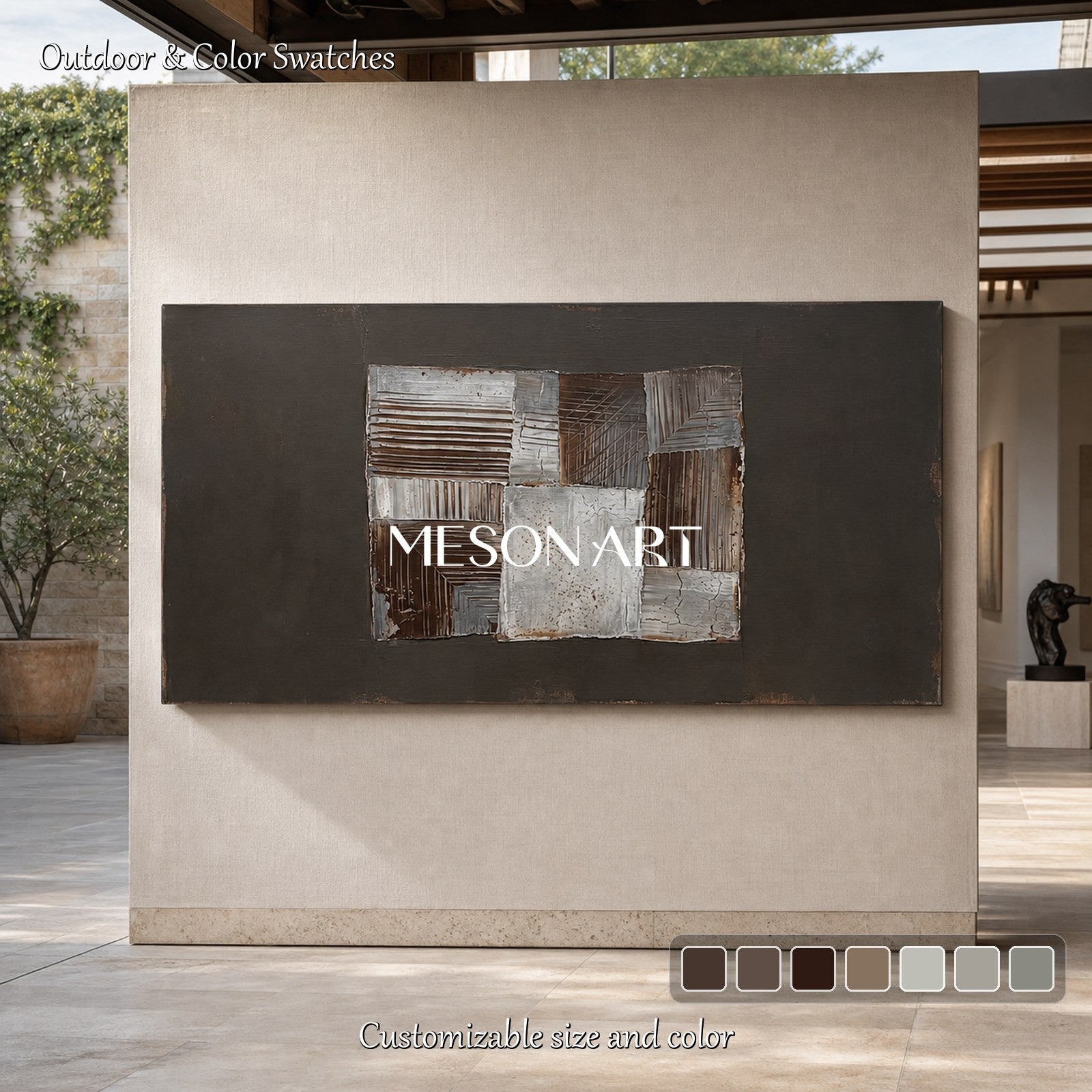 Large Brown Abstract Painting With Textured Relief For Executive Office Decor
