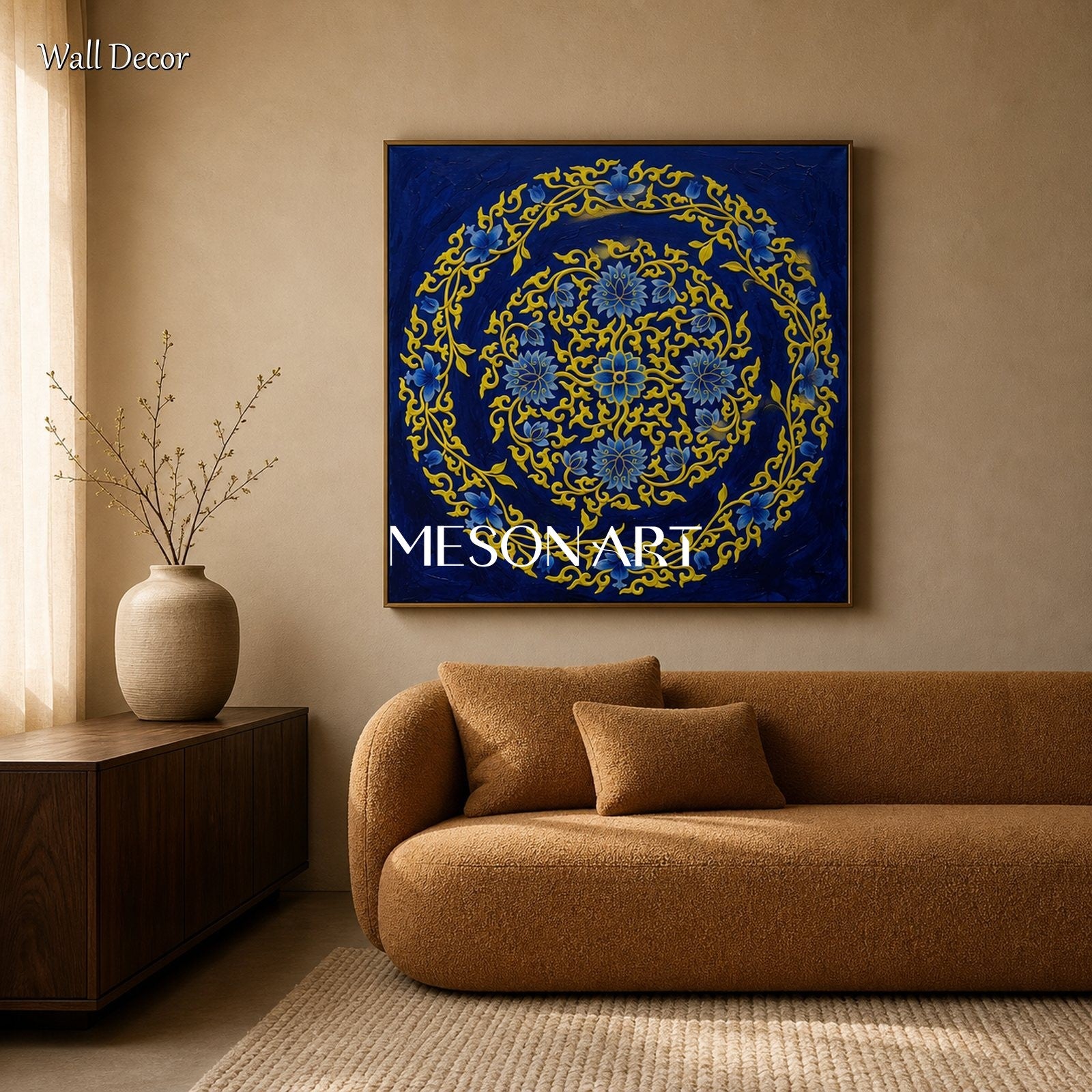 Blue And Gold Islamic Geometric Art Original Painting Square Wall Decor By Mesonart