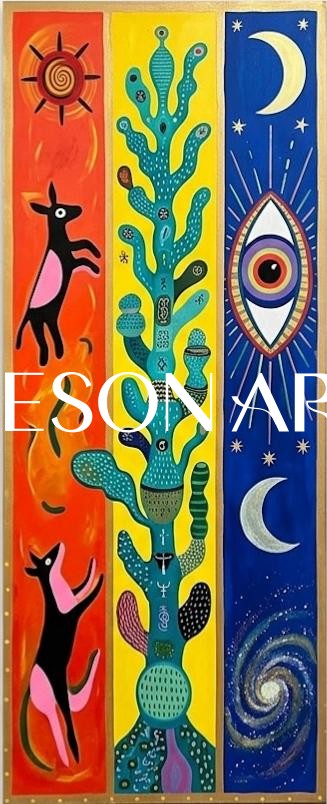 Bold Surrealist Wall Art With Tribal Motifs For Modern Living Room Decor