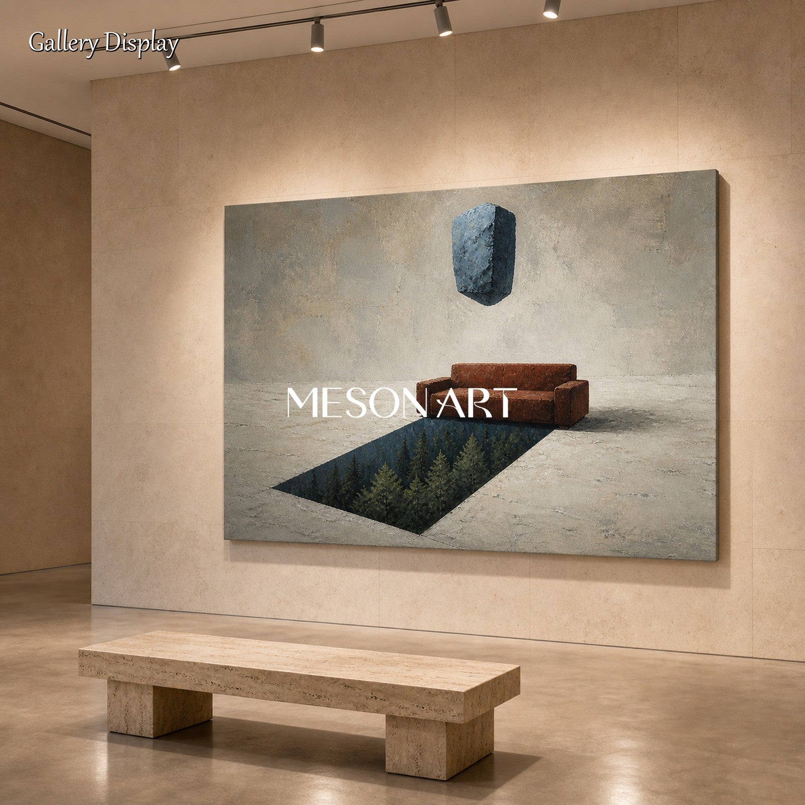 Surreal Abstract Painting With Floating Stone And Forest Void For Industrial Loft Living Room Decor