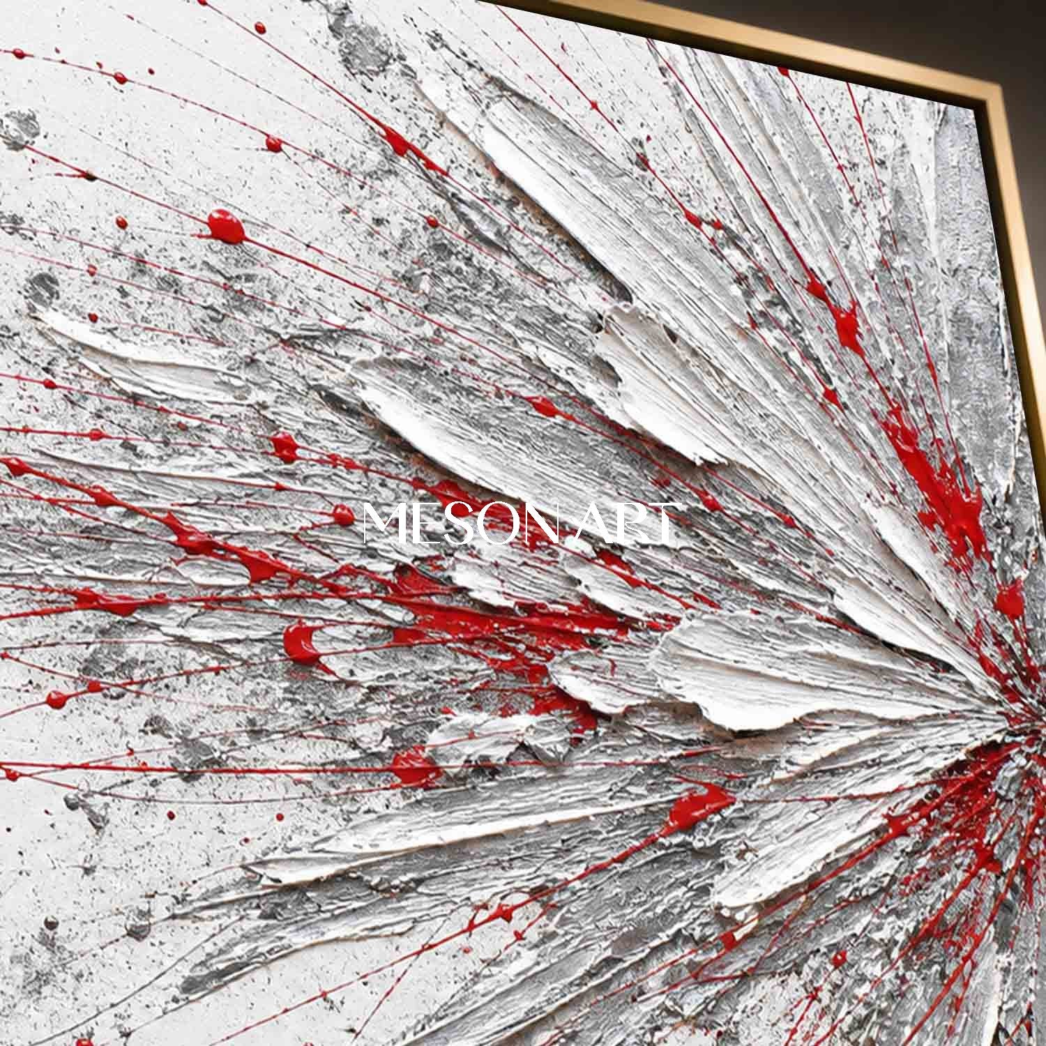 Bold Red And White Abstract Painting With Textured Relief For Modern Living Room Decor