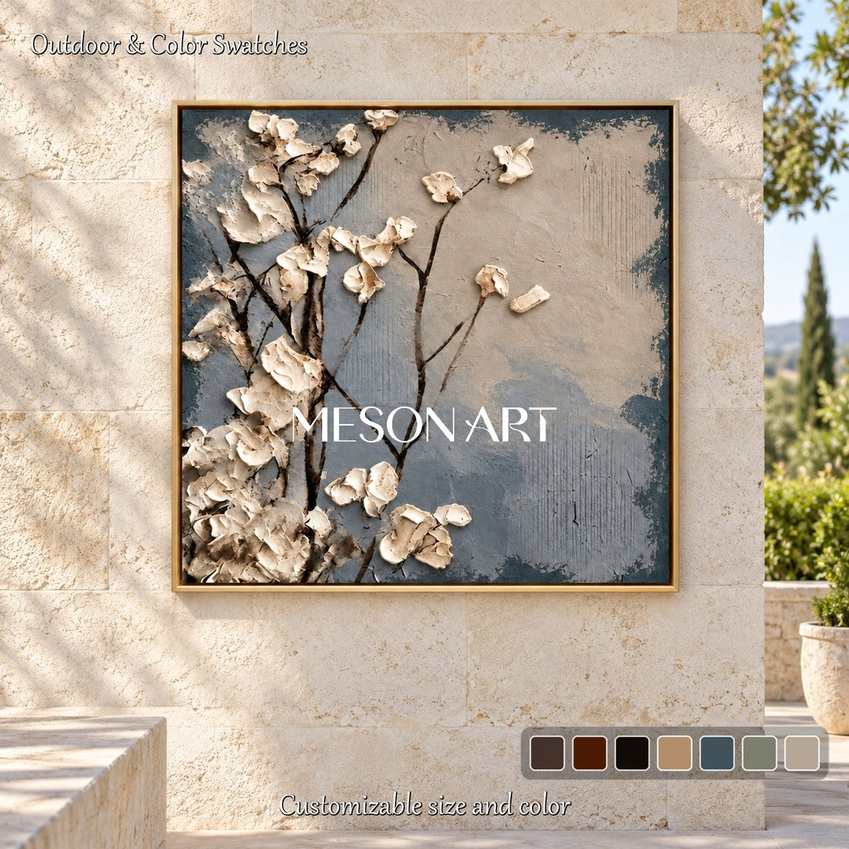 Blue And Cream Floral Impasto Textured Rectangular Wall Art For Bedroom Original Artist By Mesonart