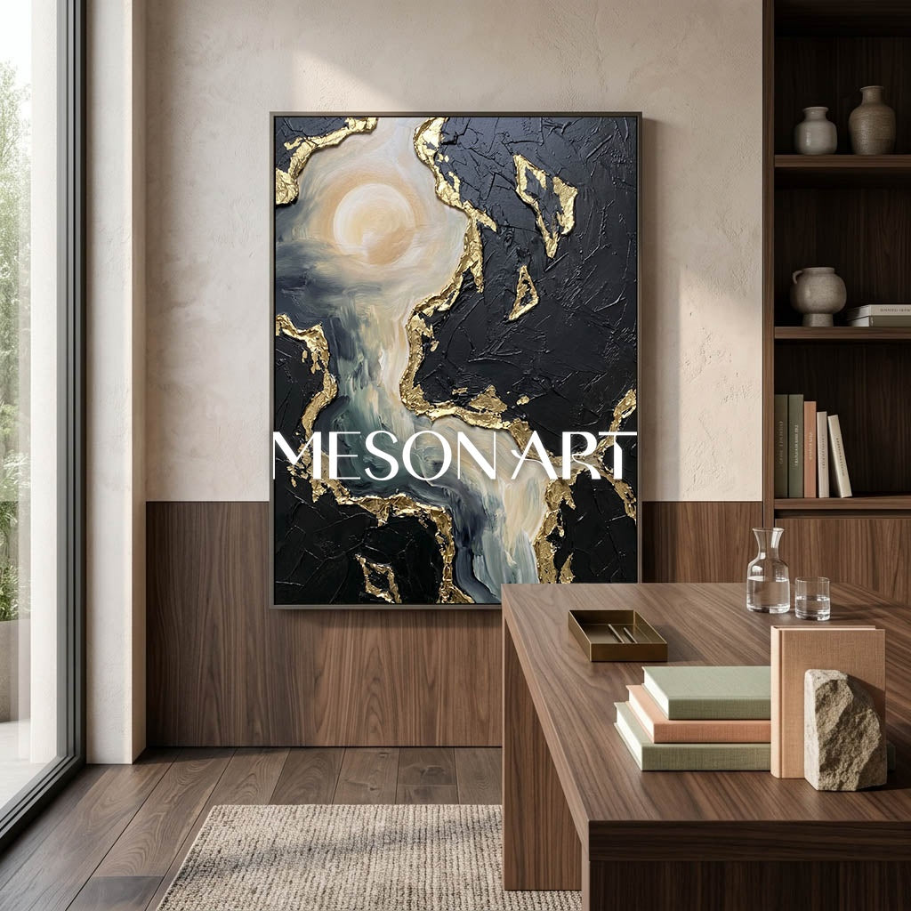 Abstract Plaster Texture Art With Gold Leaf For Modern Living Room Decor