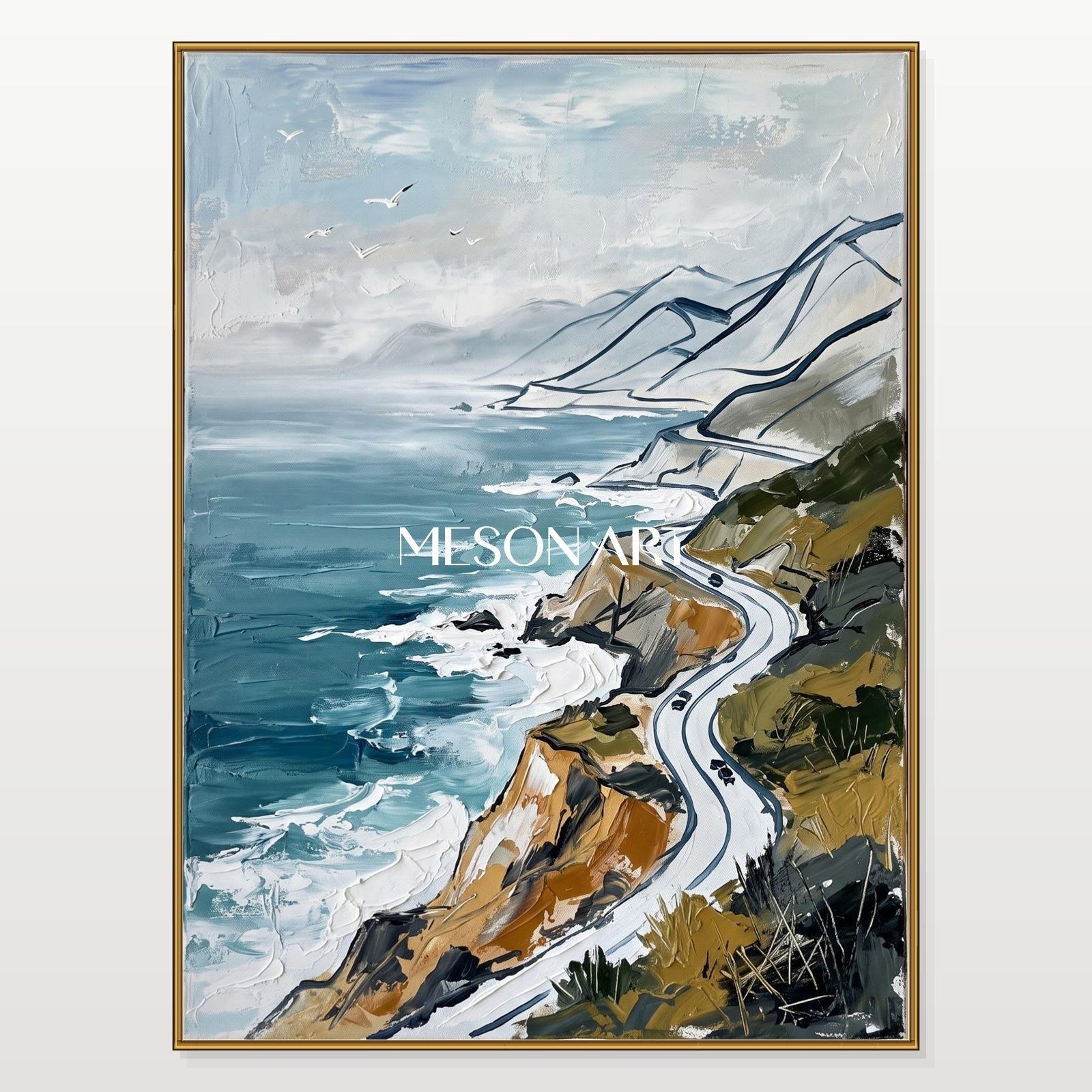 Blue And White Landscape Painting Modern Coastal Mountain Art Rectangular Wall Decor Original Artist By Mesonart