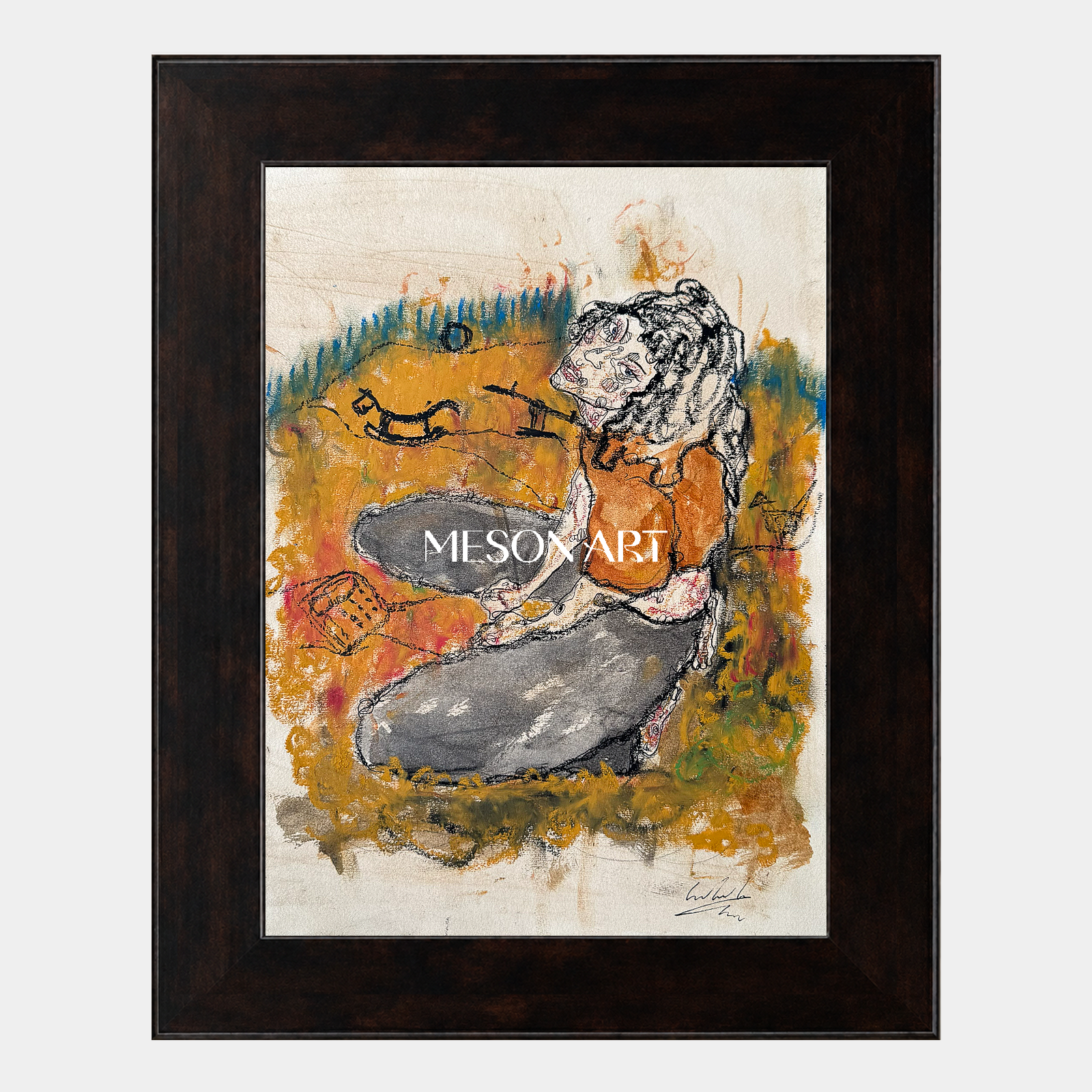 Brown And Orange Contemporary Figurative Painting Rectangular Wall Art Original Artist Fine Artwork By Mesonart