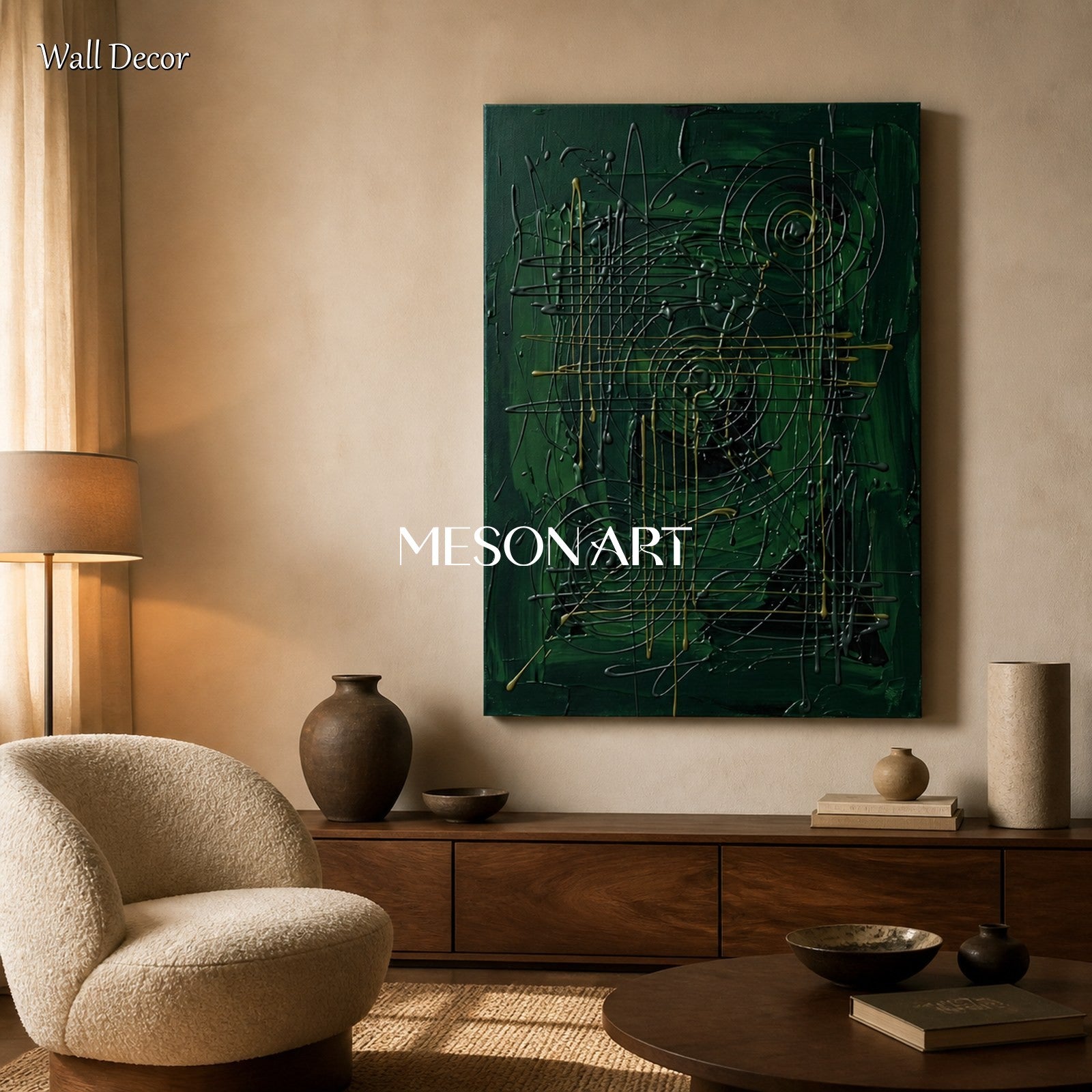 Green And Gold Jackson Pollock Inspired Gestural Abstract Painting Rectangular Wall Art For Living Room By Mesonart