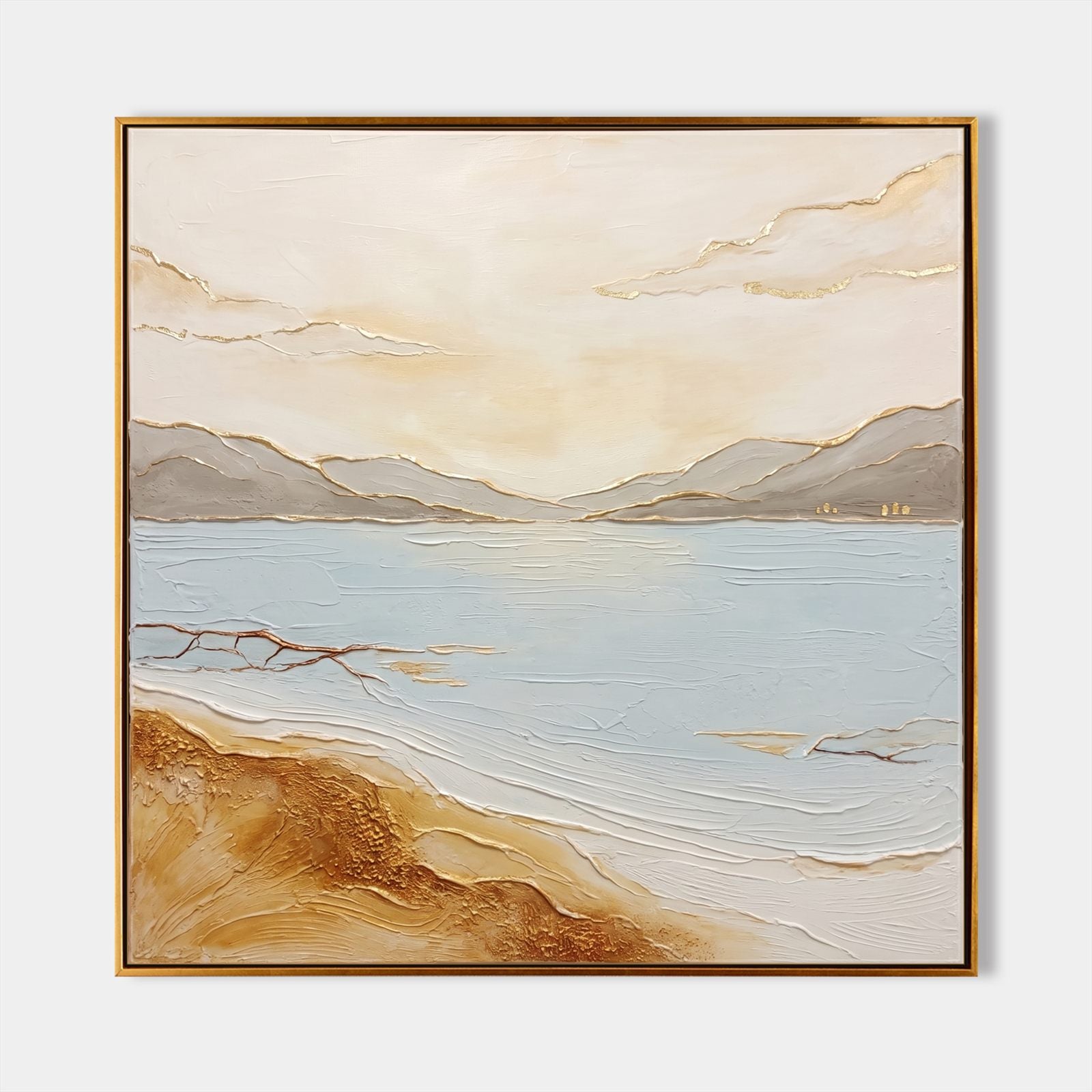 Quadro Art Déco raffigurante l’alba sul lago, con sabbia a rilievo e dettagli dorati, per il soggiorno