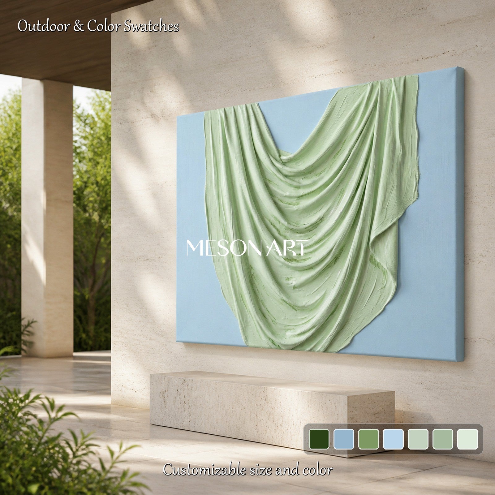 Green And Blue Minimalist Sculptural Wall Art Rectangular Original Artist Hand Painted By Mesonart