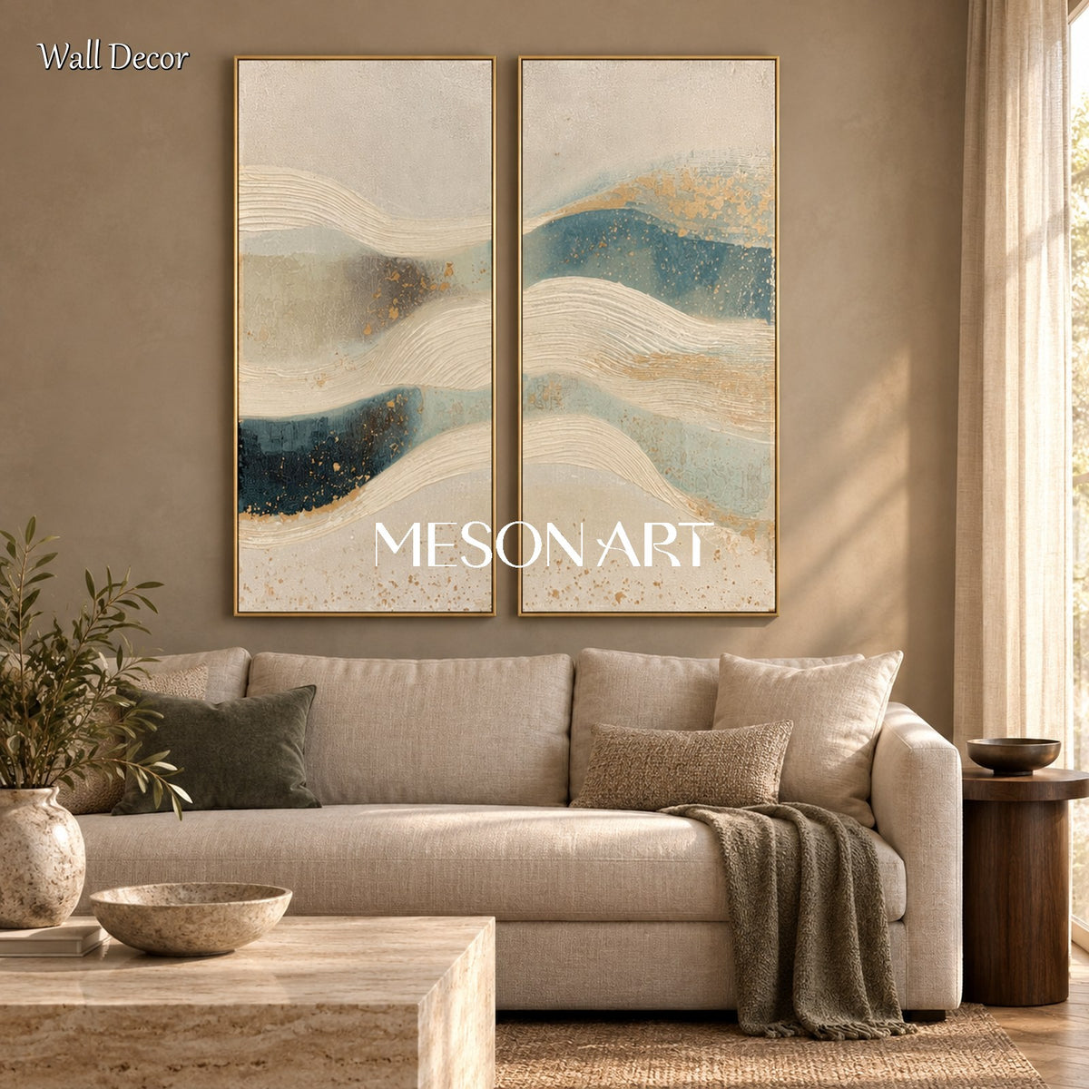 Beige And Blue Abstract Art Rectangular Wall Decor Original Artist Hand Painted By Mesonart
