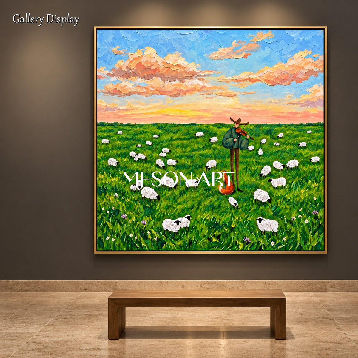 Green And Blue Sky Painting Cottagecore Pastoral Square Wall Art For Living Room Original Artist By Mesonart
