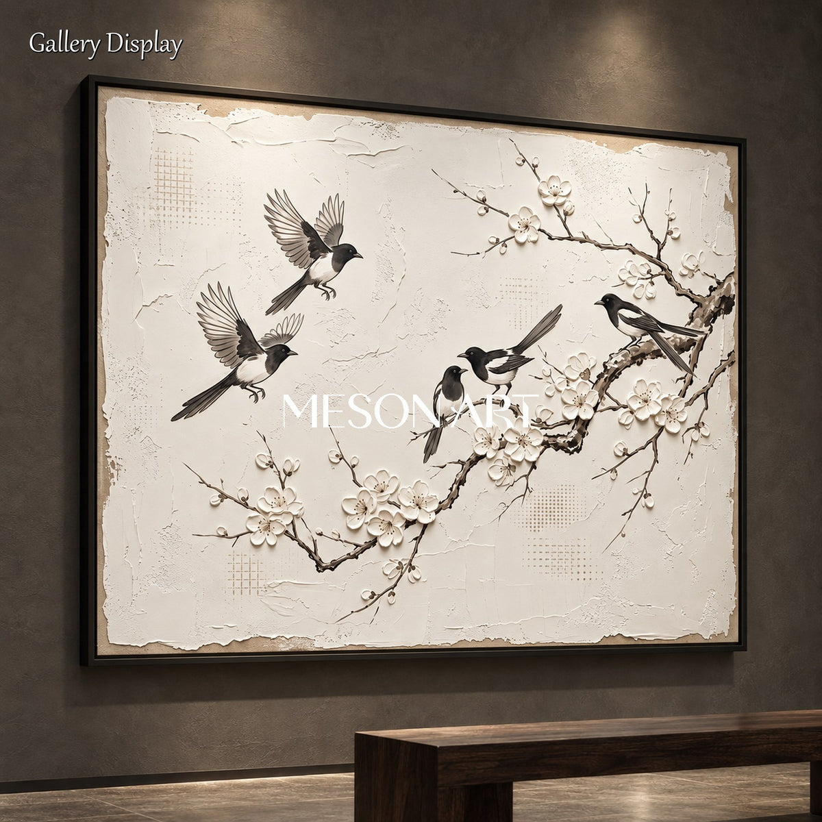 White And Black Magpie Plum Blossom Painting Rectangular Wall Art Original Artist Hand Painted By Mesonart