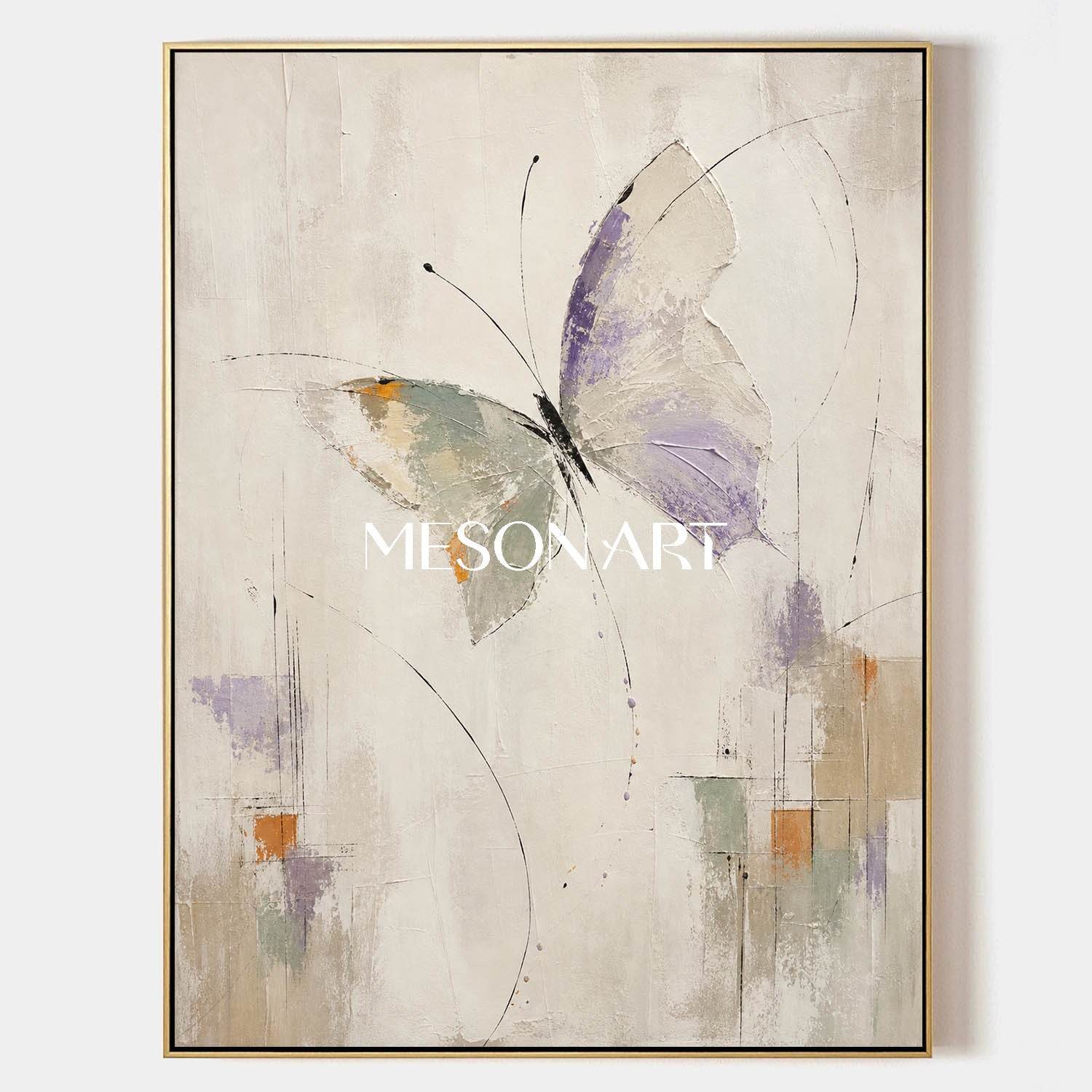 Minimalist Butterfly Abstract Painting In Violet Beige For Modern Home Decor