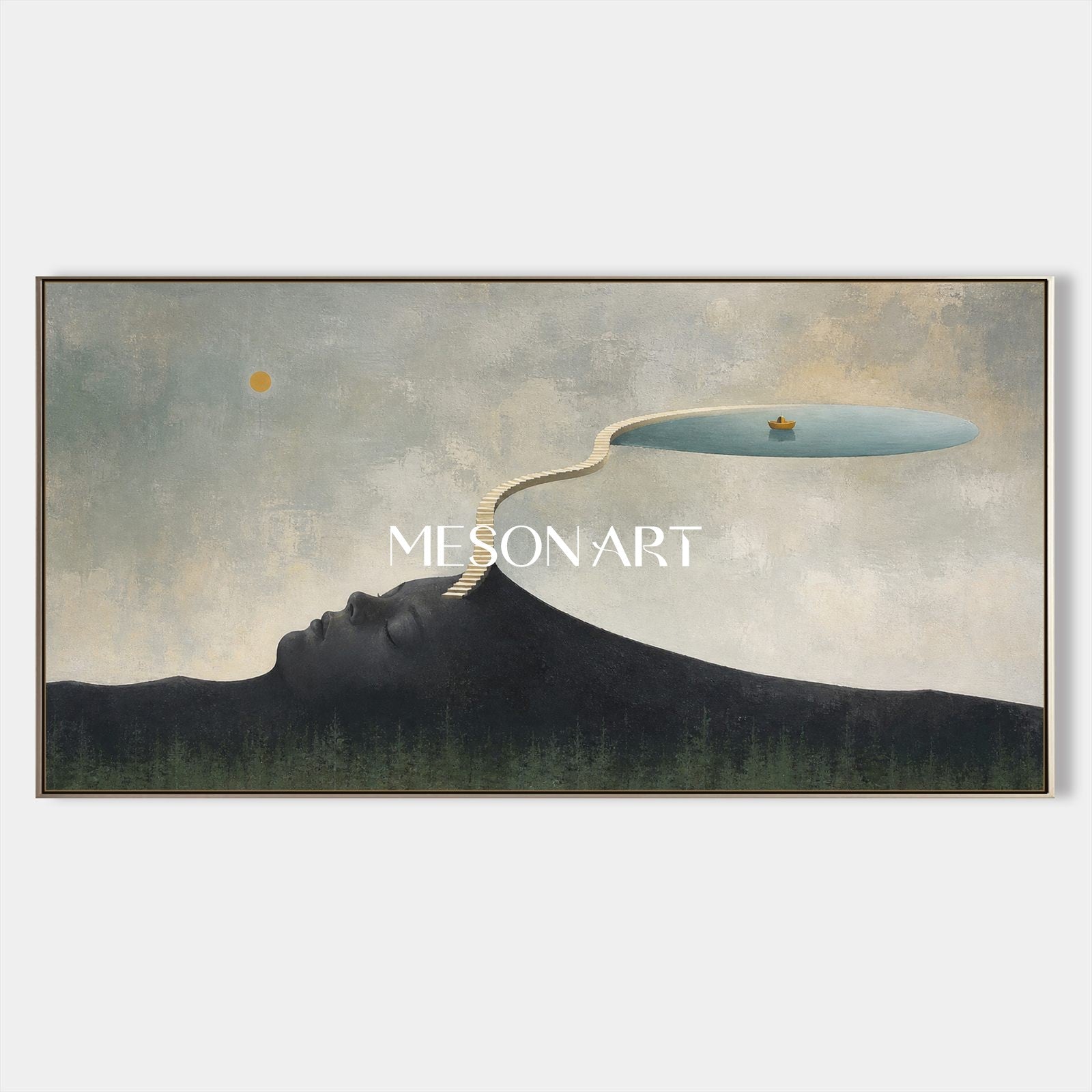 Surrealist Art Painting With Golden Accents For Modern Living Room And Executive Office Decor