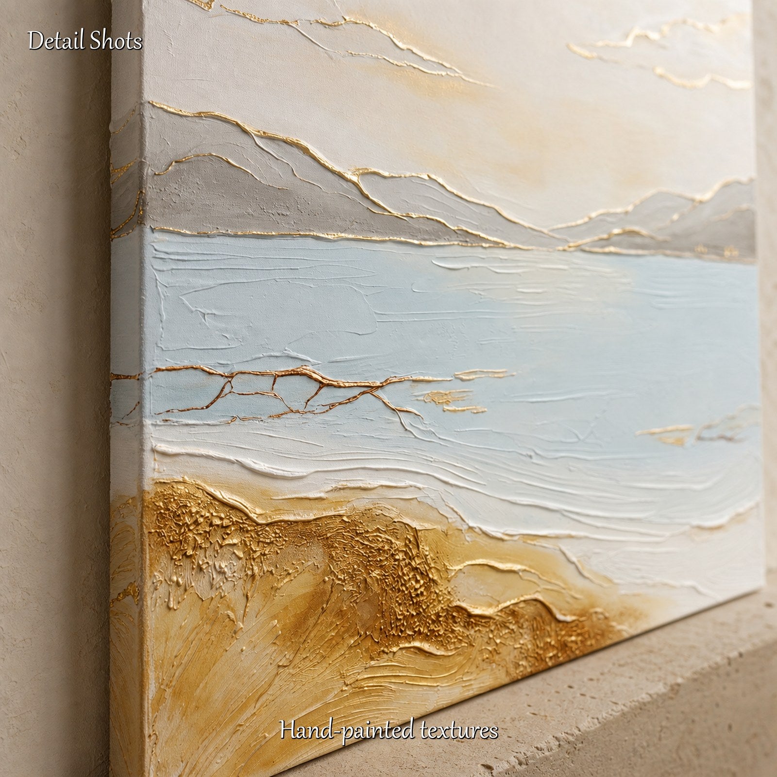 Quadro Art Déco raffigurante l’alba sul lago, con sabbia a rilievo e dettagli dorati, per il soggiorno