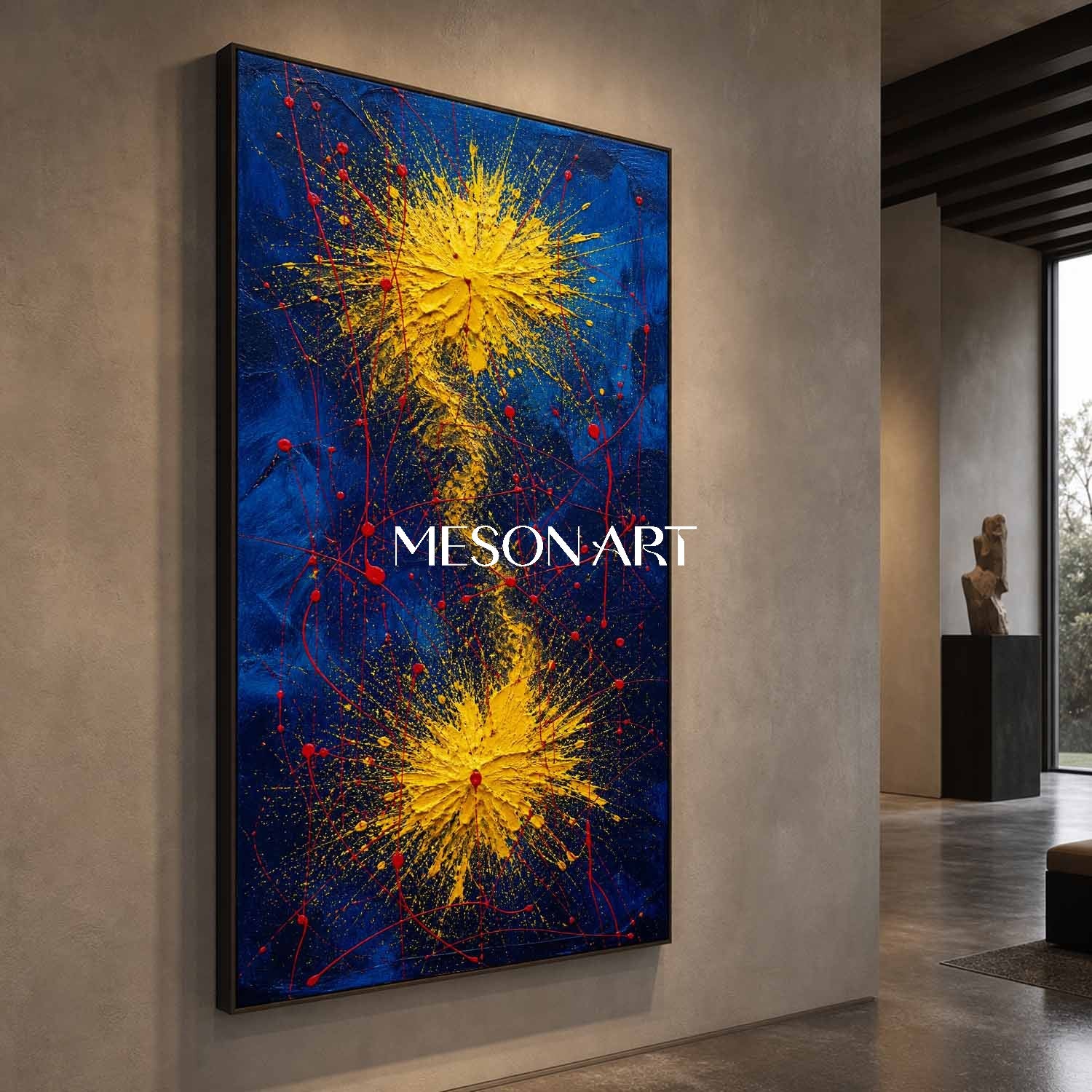 Bold Blue And Gold Abstract Painting With Textured Relief For Modern Living Room Decor