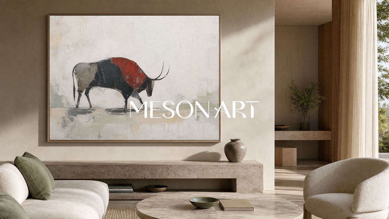 Minimalist Abstract Bison Painting In Beige And Black For Modern Living Room Wall Decor