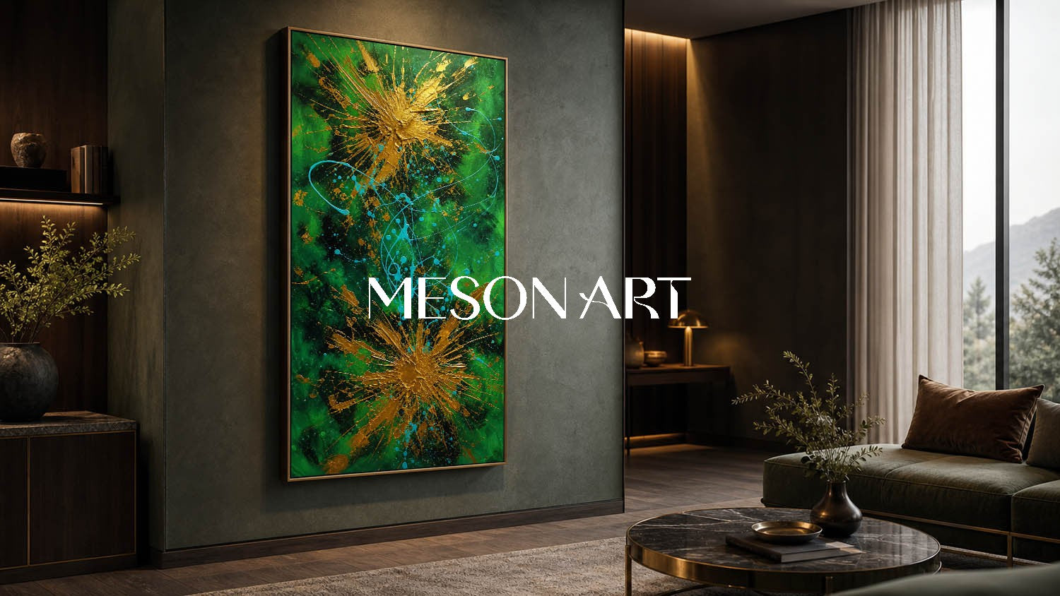 Emerald Green And Gold Abstract Art With Textured Relief For Modern Living Room Decor