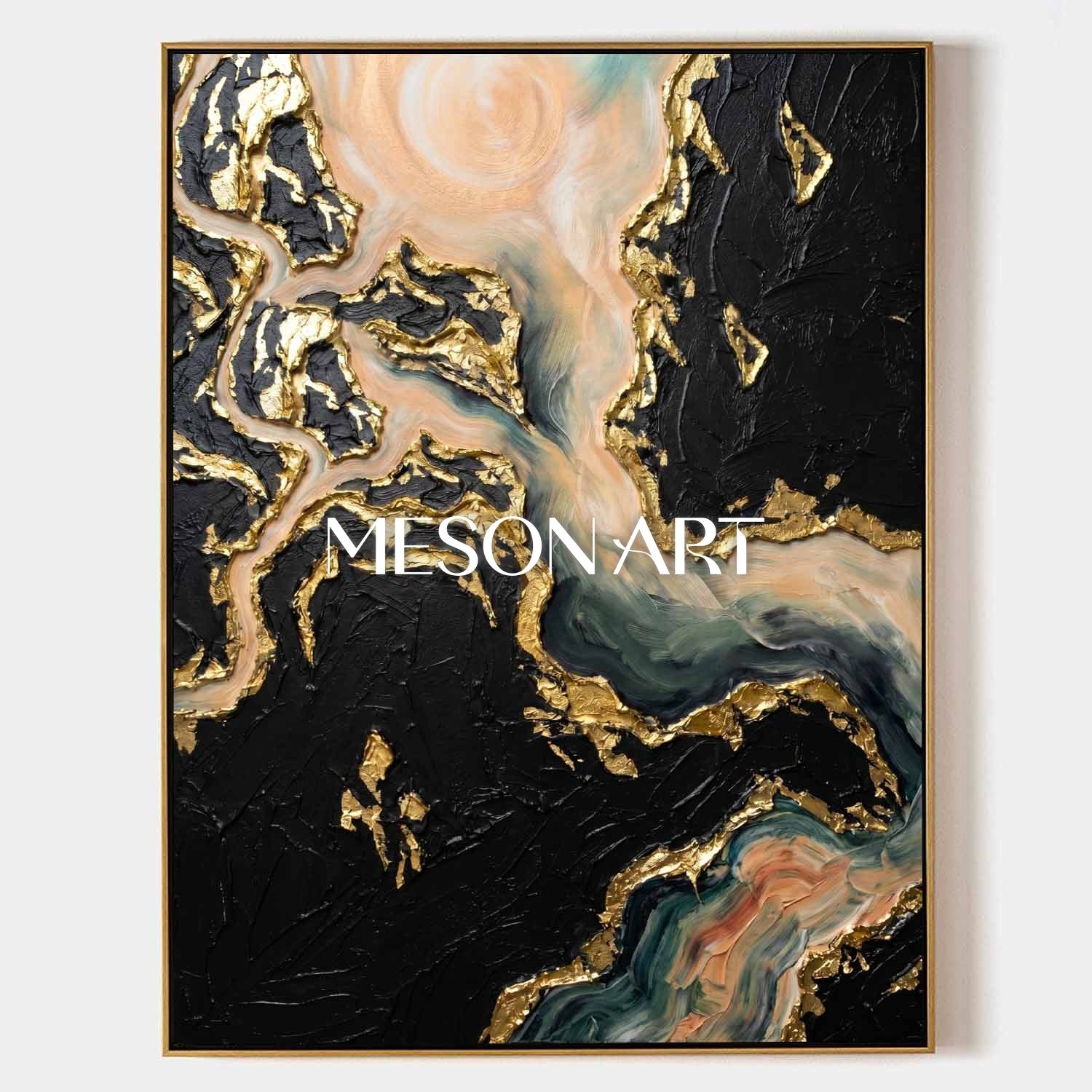Gilded Abstract Plaster Art With Sea Green Waves Black Gold Decor