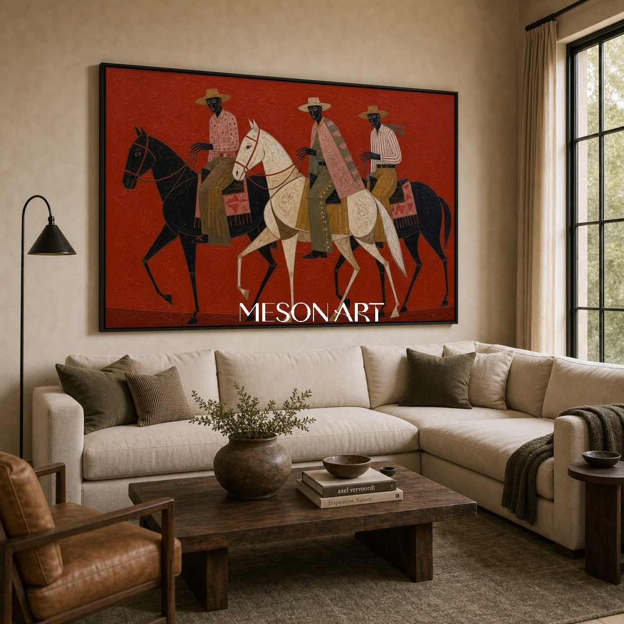 Abstract Geometric Horse Painting With Textured Red Background For Modern Living Room Decor
