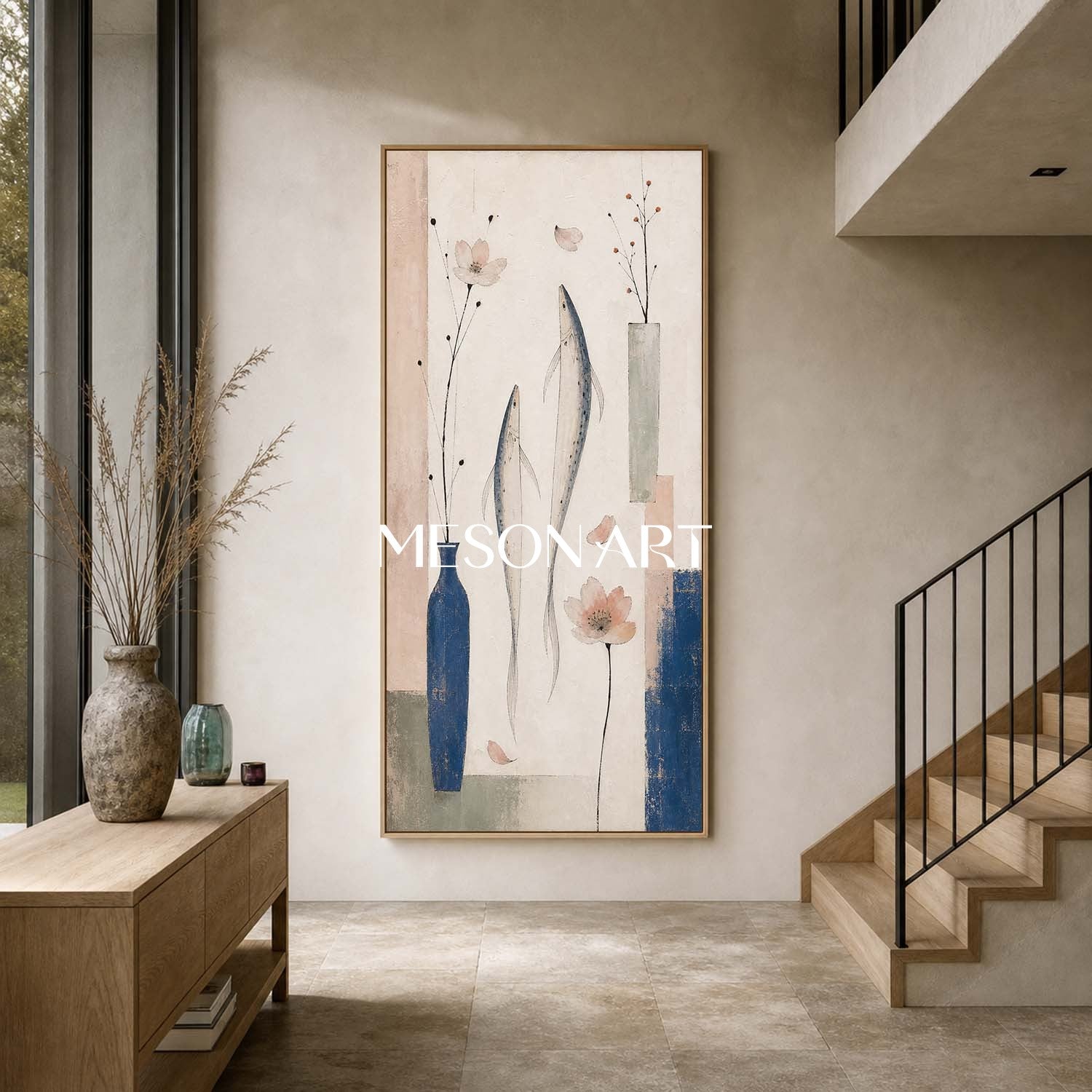 Elegant Blue Floral Art For Living Room Entryway With Art Deco Style