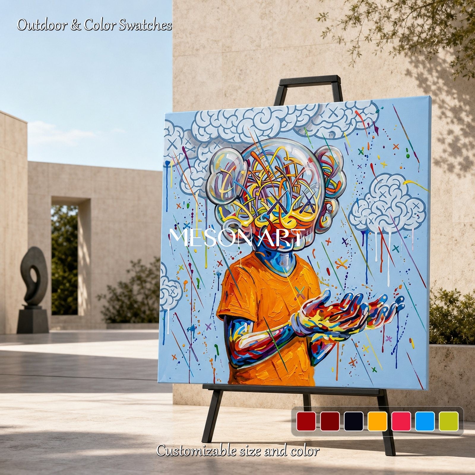Vibrant Pop Art Painting With Glass Head Figure For Modern Living Room Decor