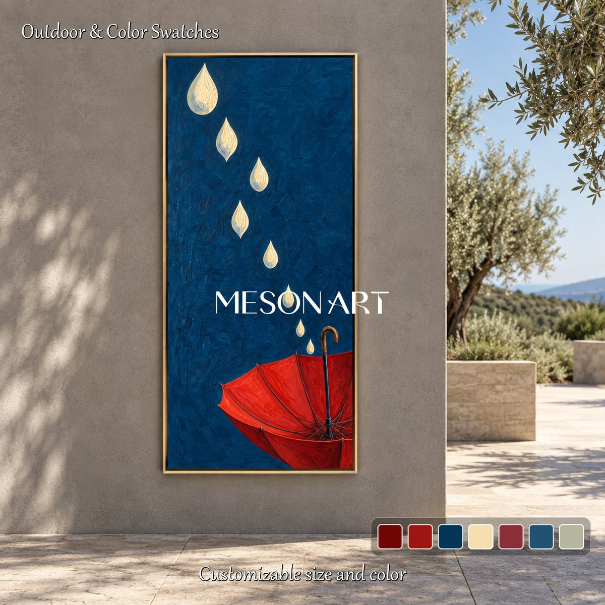 Blue And Red Surrealist Umbrella Painting Panoramic Original Artist Hand Painted Wall Art For Living Room By Mesonart