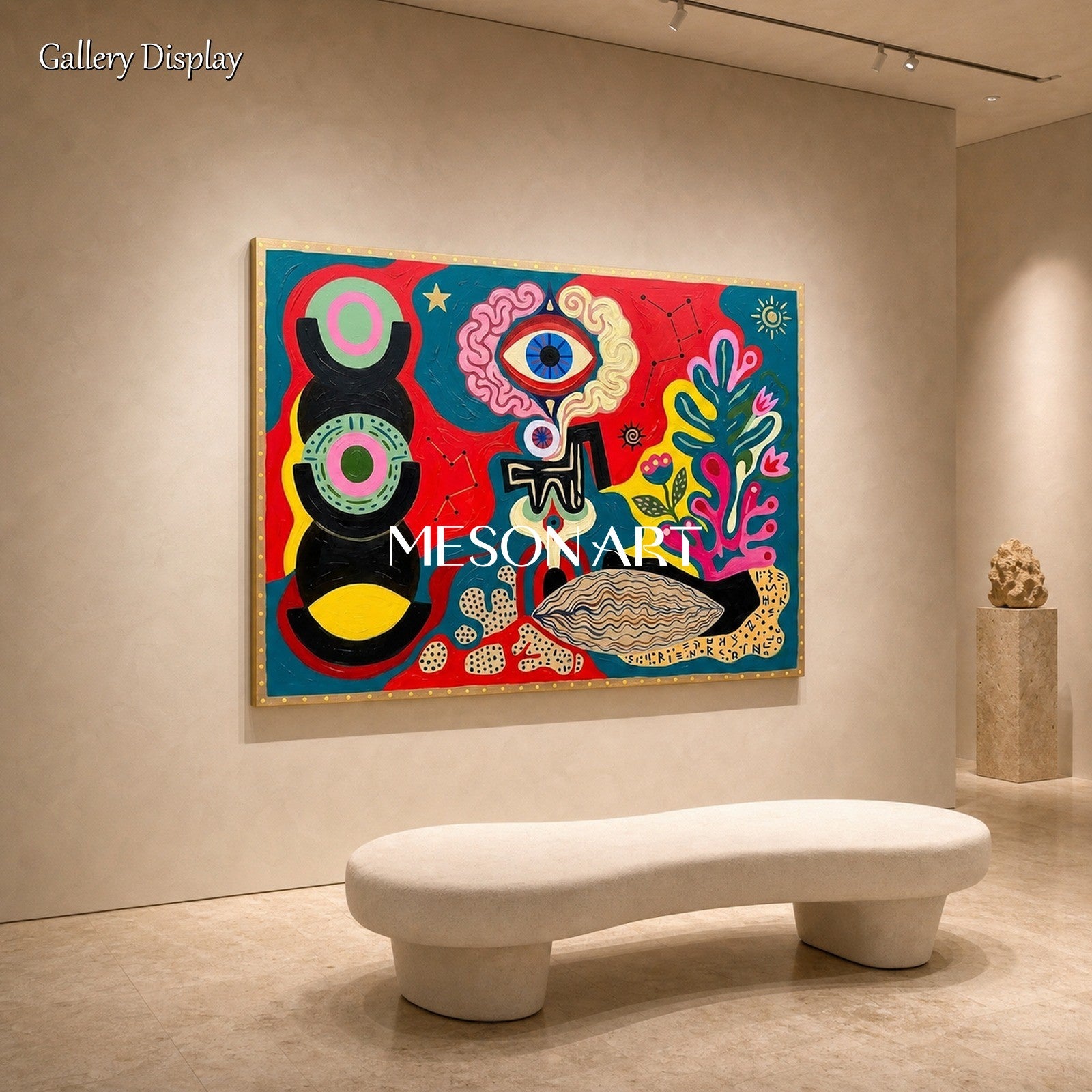 Surrealist Abstract Painting With Cosmic Symbols In Red And Blue For Modern Living Room Decor