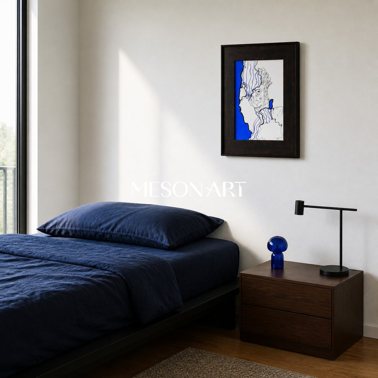 Modern Abstract Blue And Black Line Art Painting For Contemporary Home Decor