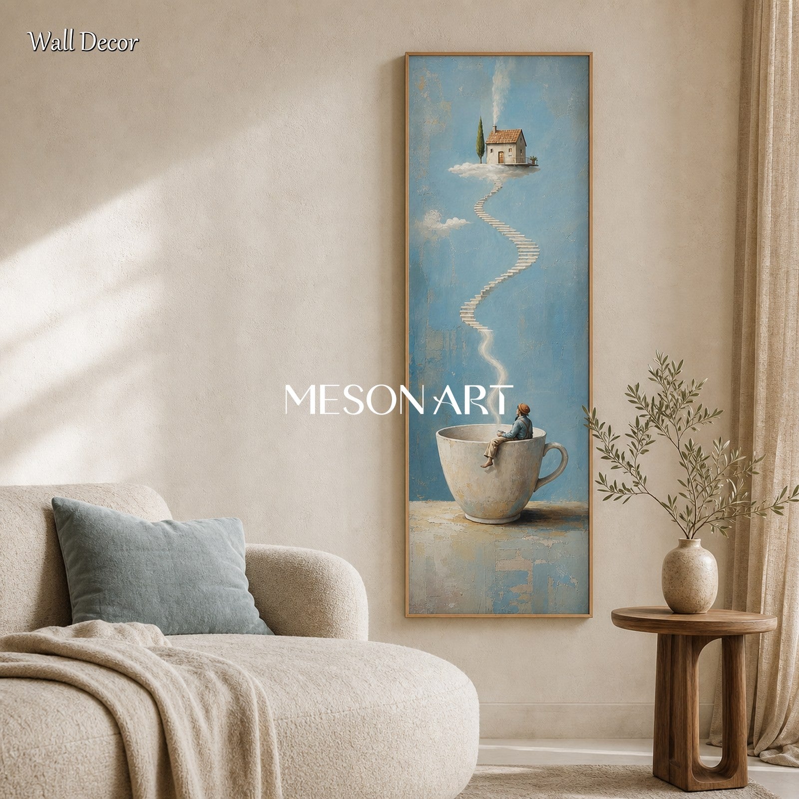 Surrealist Teacup Stairway Art For Modern Living Room Decor With Dreamy Blue Tones