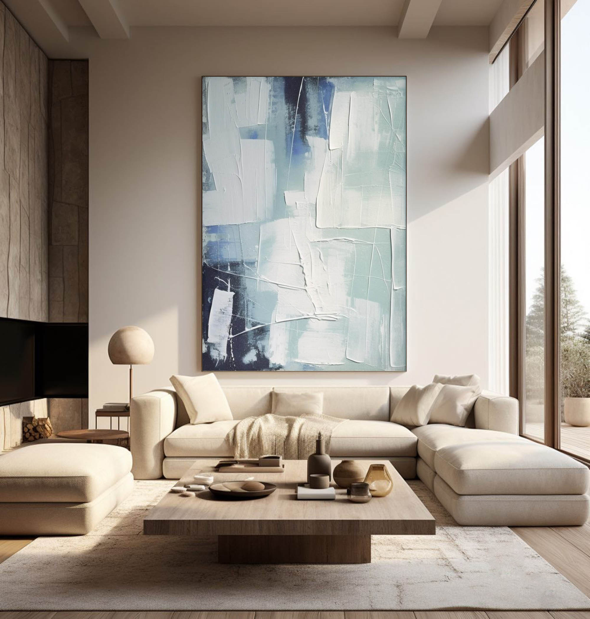 White and Blue Texture Painting White and Blue Minimalist Canvas Abstract Art Large Living Room Minimalist Wall Decor