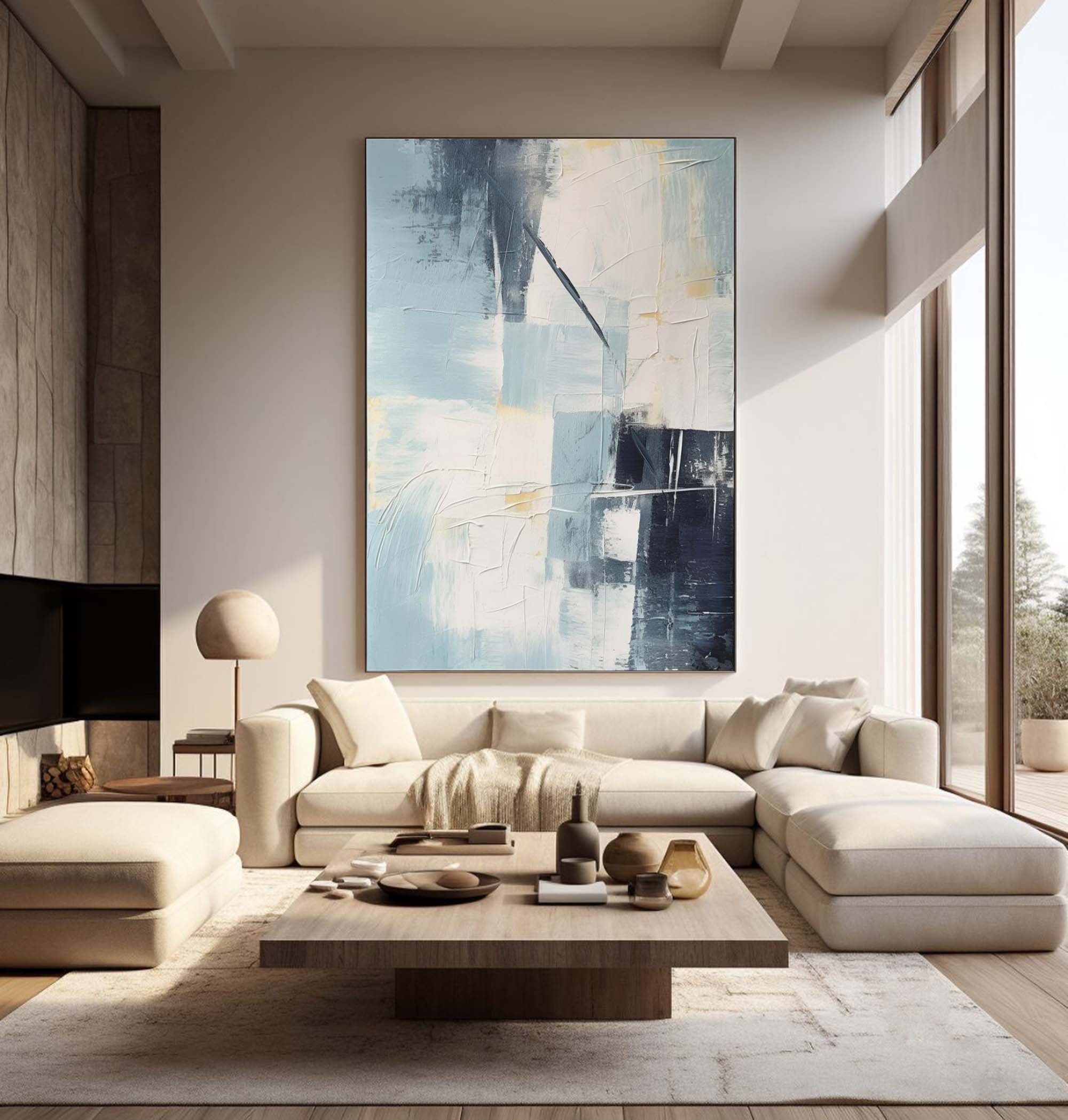 Large Blue Minimalist Canvas Wall Art Gray Blue Texture Painting Blue Living Room Minimalist Wall Decor