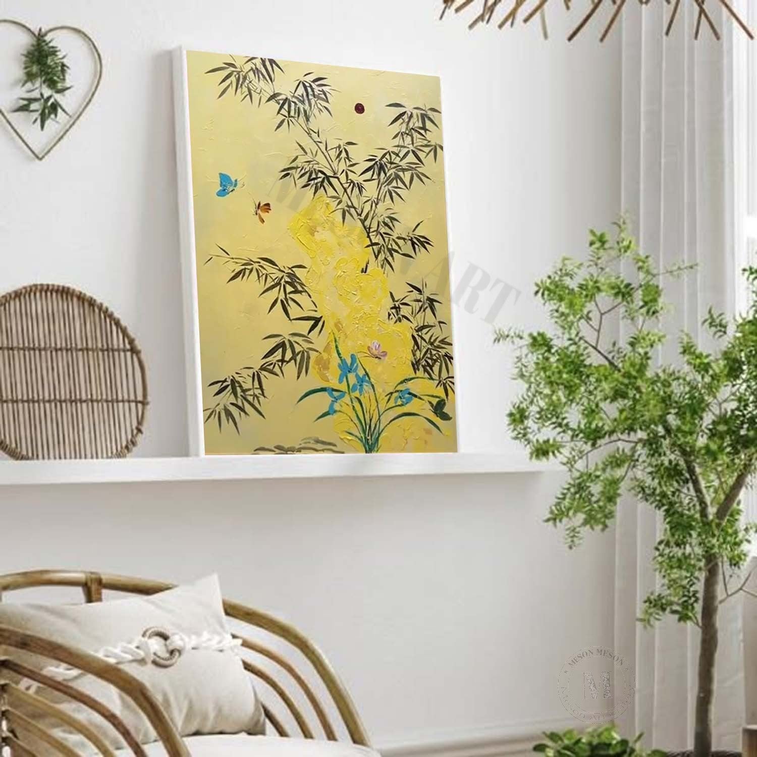 Beige and Yellow Texture Painting Green Bamboo Art Canvas Bamboo Decorative Wall Painting