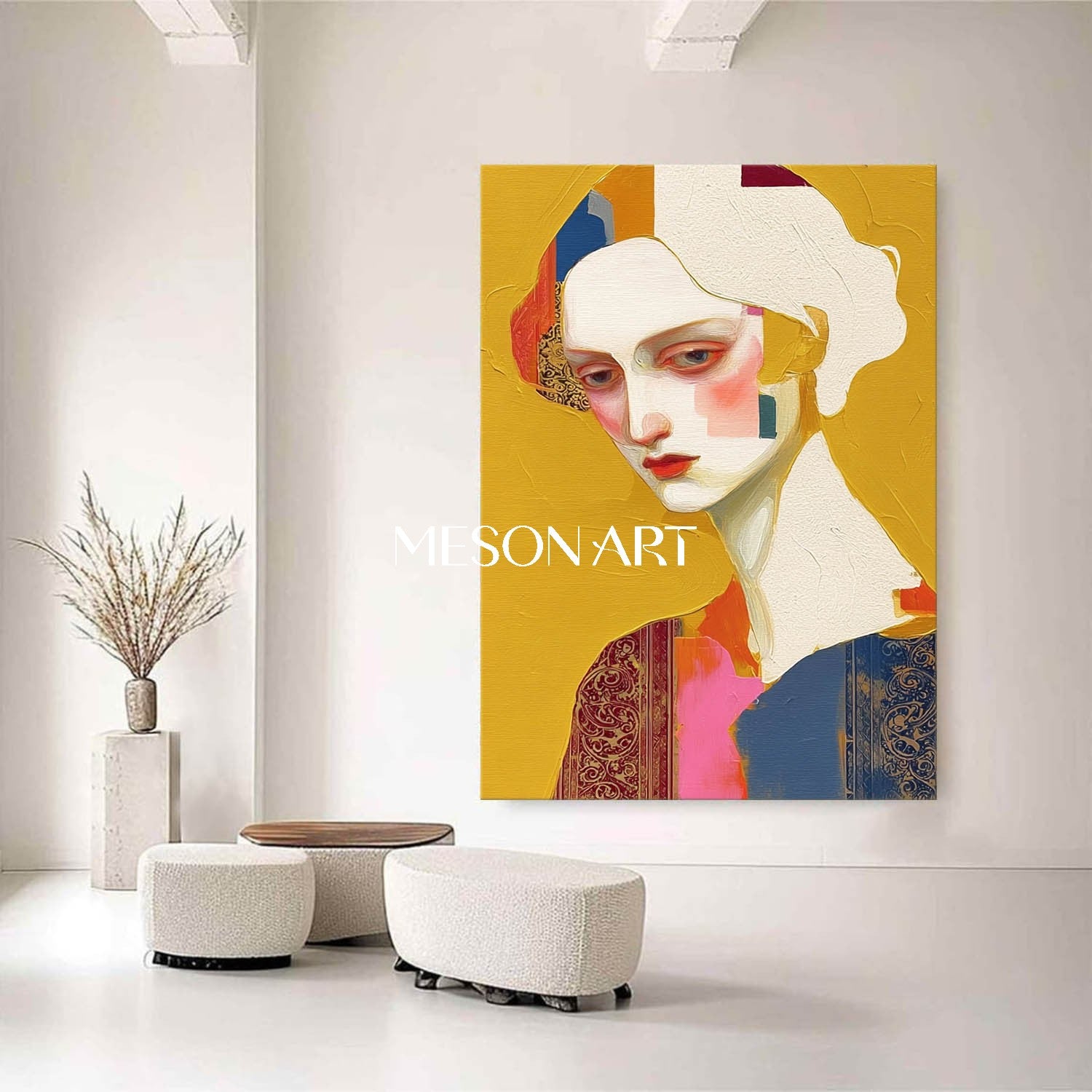 Yellow Contemporary Handmade Painting Framed Dining Room Wall Art