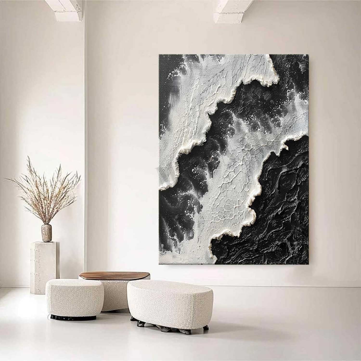 3D Black and White Ocean Texture Painting for Sale Black and White Abstract Ocean Wall Art