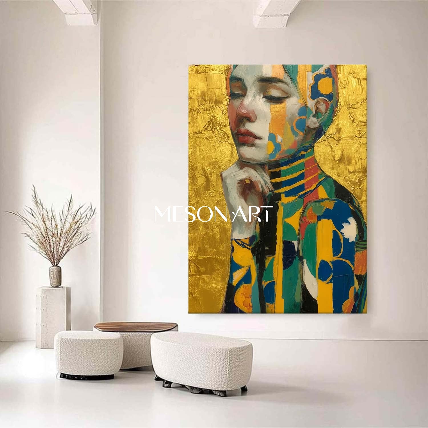 Luxury Gold Klimt Abstract Art Portrait Vertical Custom Oil Artwork