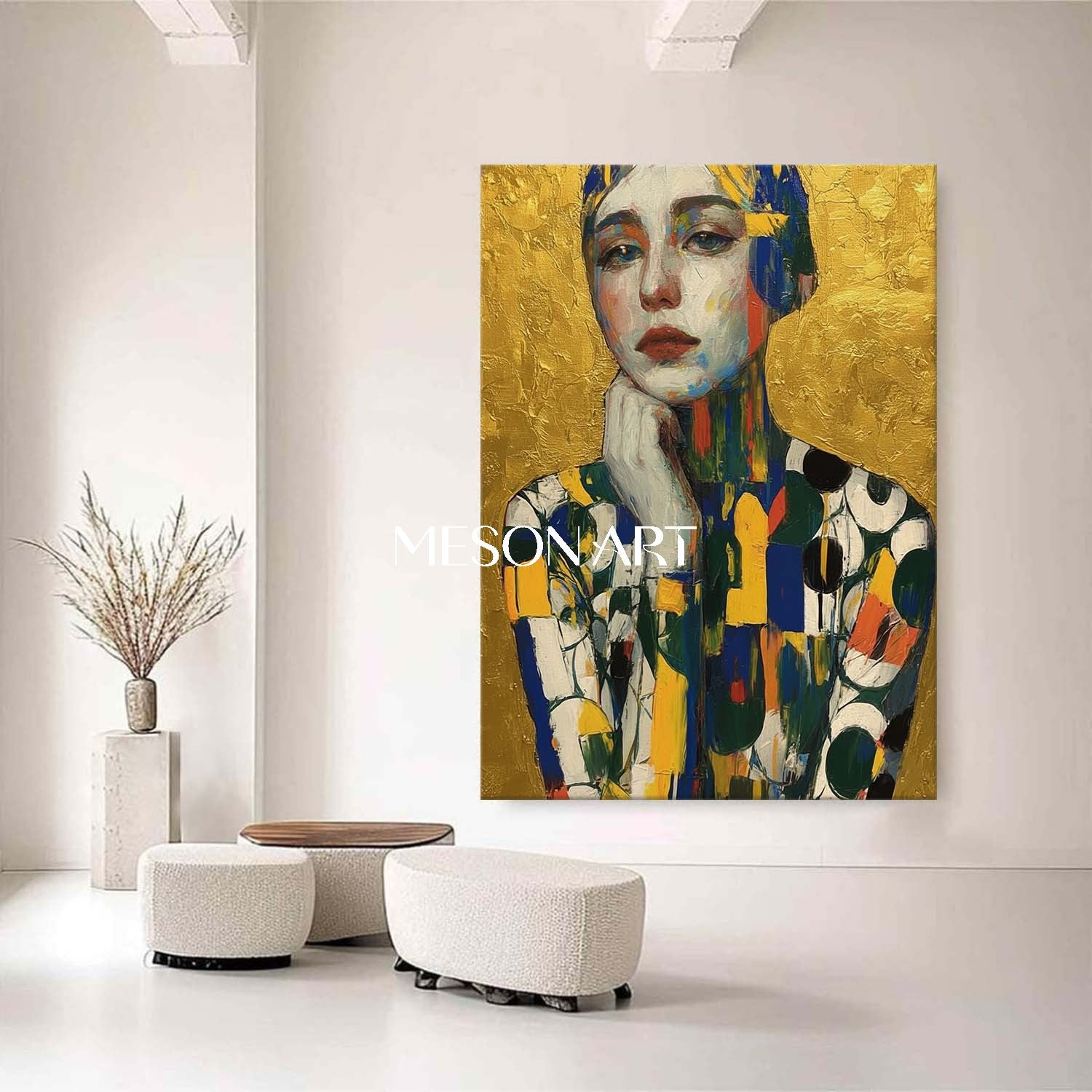 Gold Hand Painted Textured Abstract Art Vertical Entryway Wall Canvas