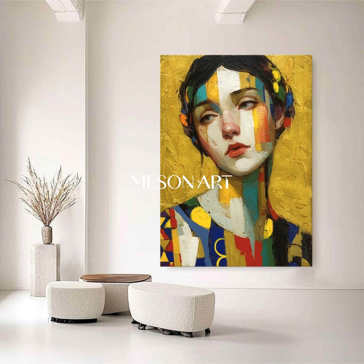 Klimt-inspired Abstract Art Portrait Vibrant Gold Textured Canvas