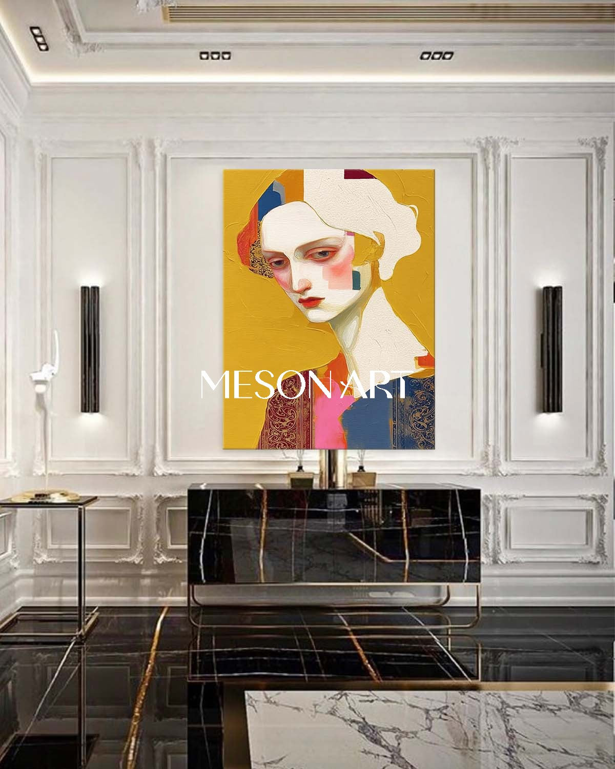 Yellow Contemporary Handmade Painting Framed Dining Room Wall Art