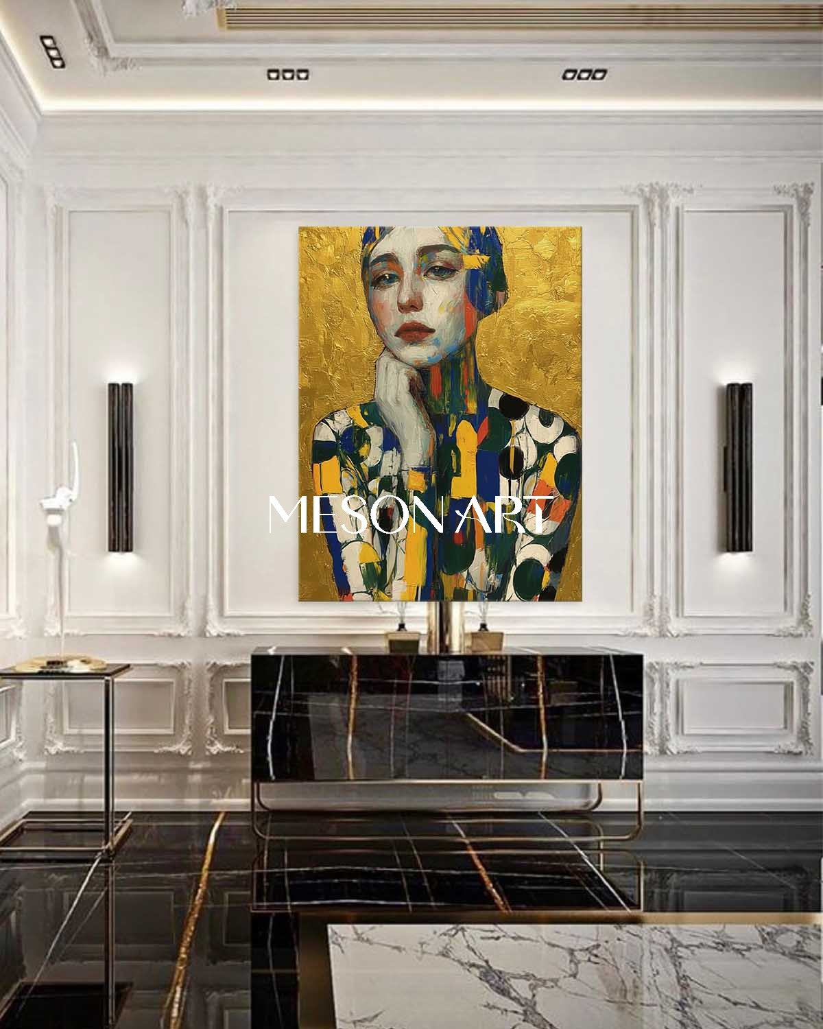 Gold Hand Painted Textured Abstract Art Vertical Entryway Wall Canvas