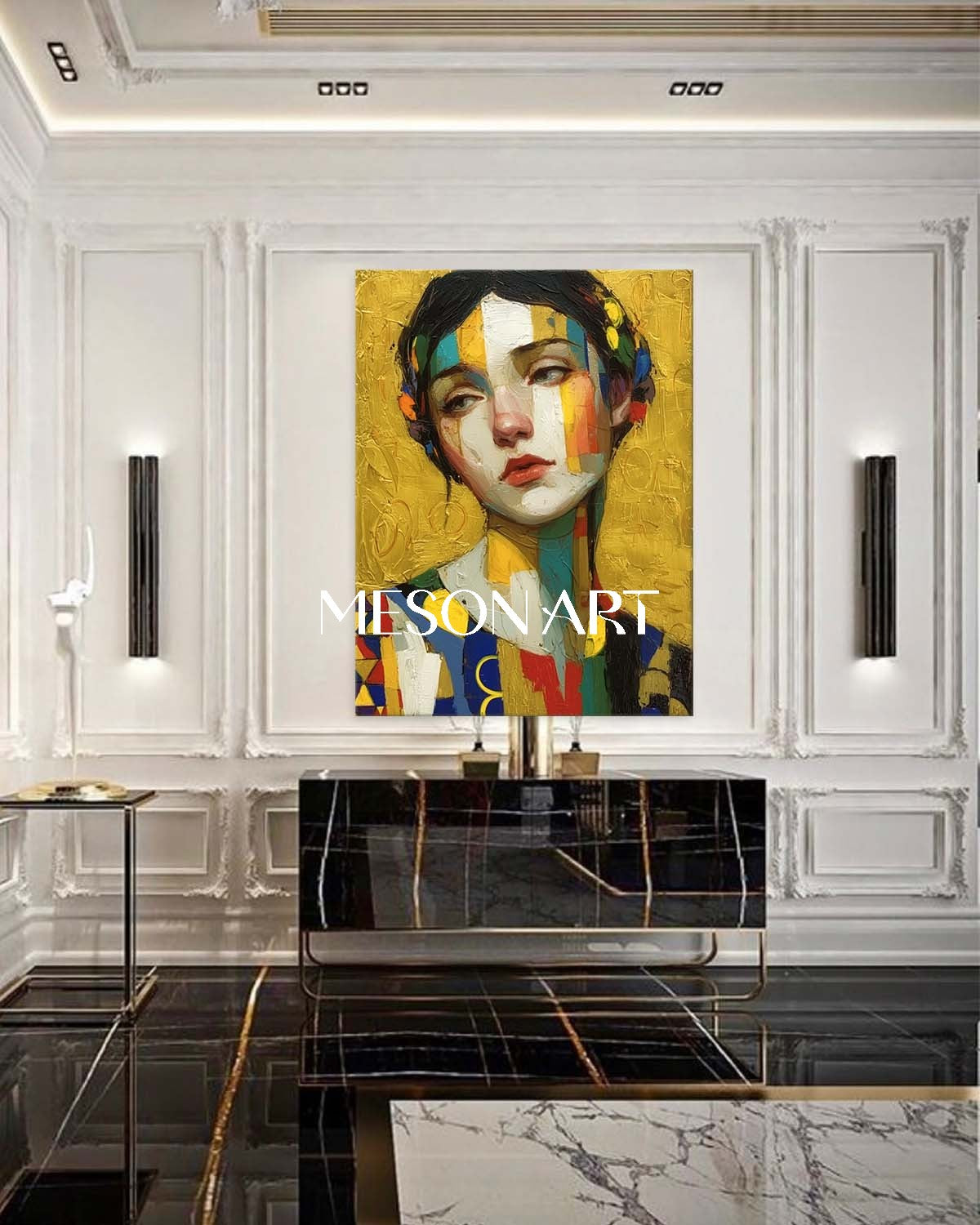 Klimt-inspired Abstract Art Portrait Vibrant Gold Textured Canvas