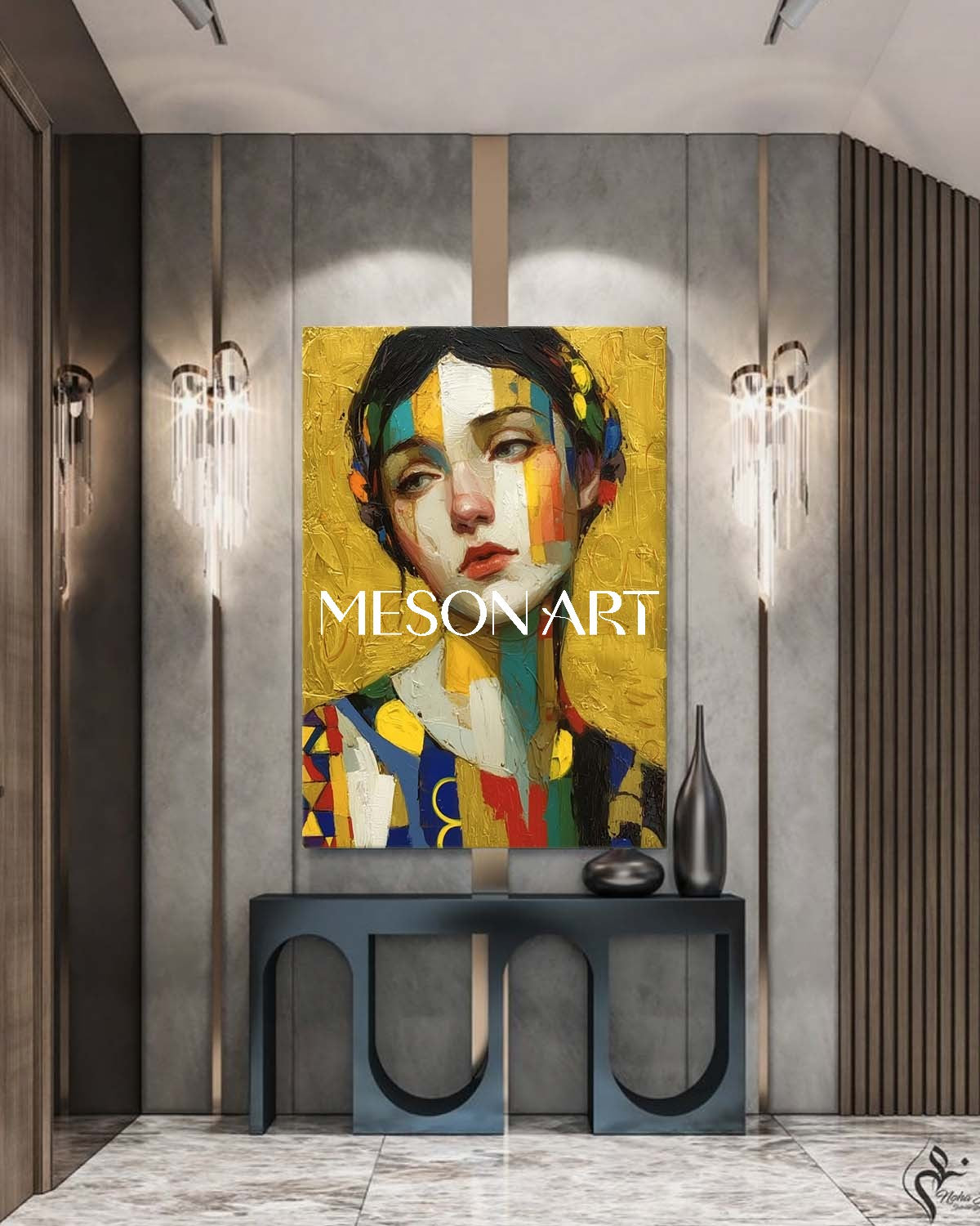 Klimt-inspired Abstract Art Portrait Vibrant Gold Textured Canvas
