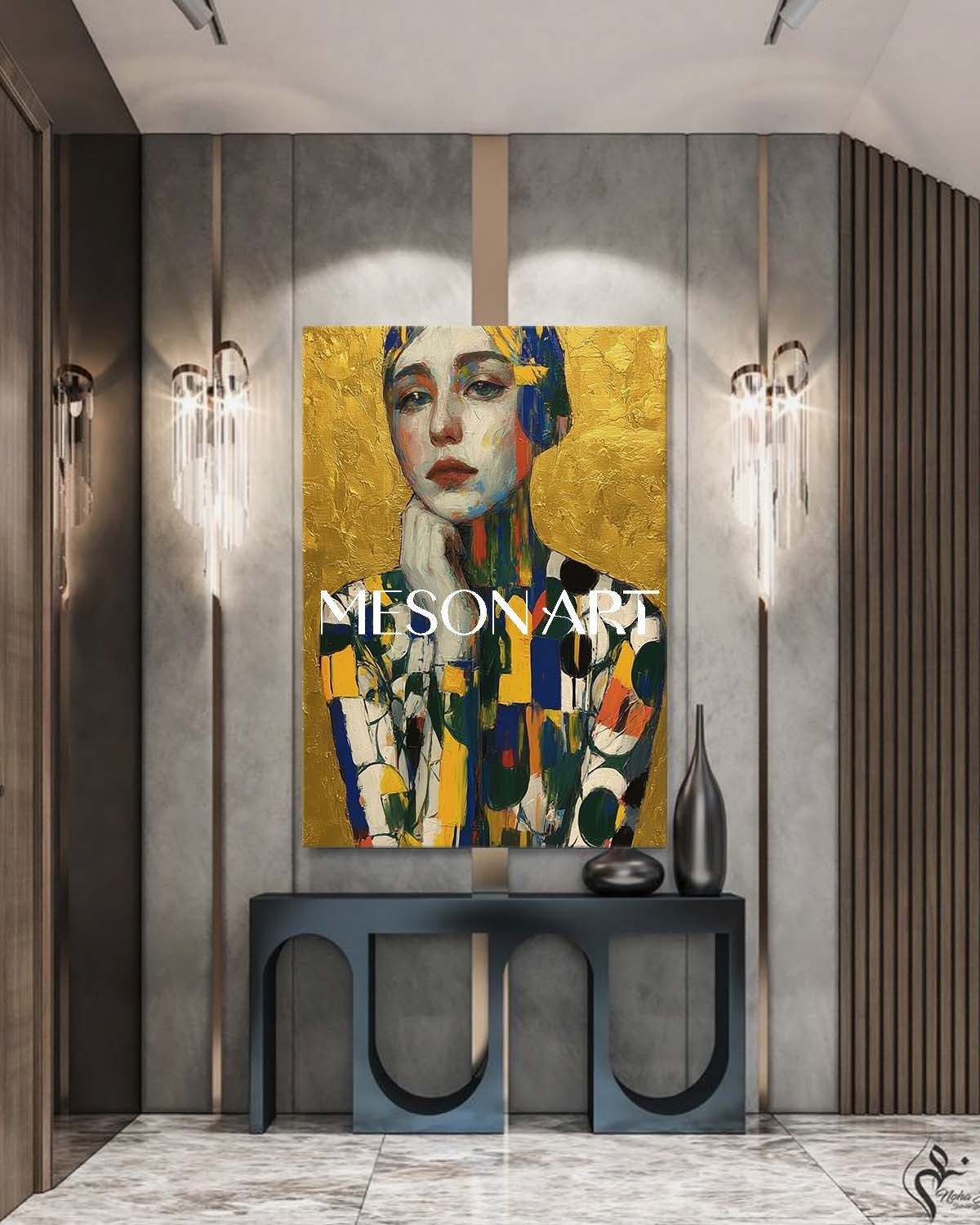Gold Hand Painted Textured Abstract Art Vertical Entryway Wall Canvas