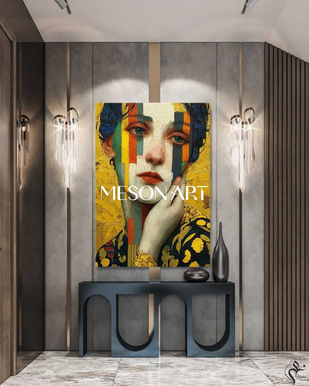 Gold Neo-Deco Klimt Inspired Abstract Painting Entryway Wall Art Decor