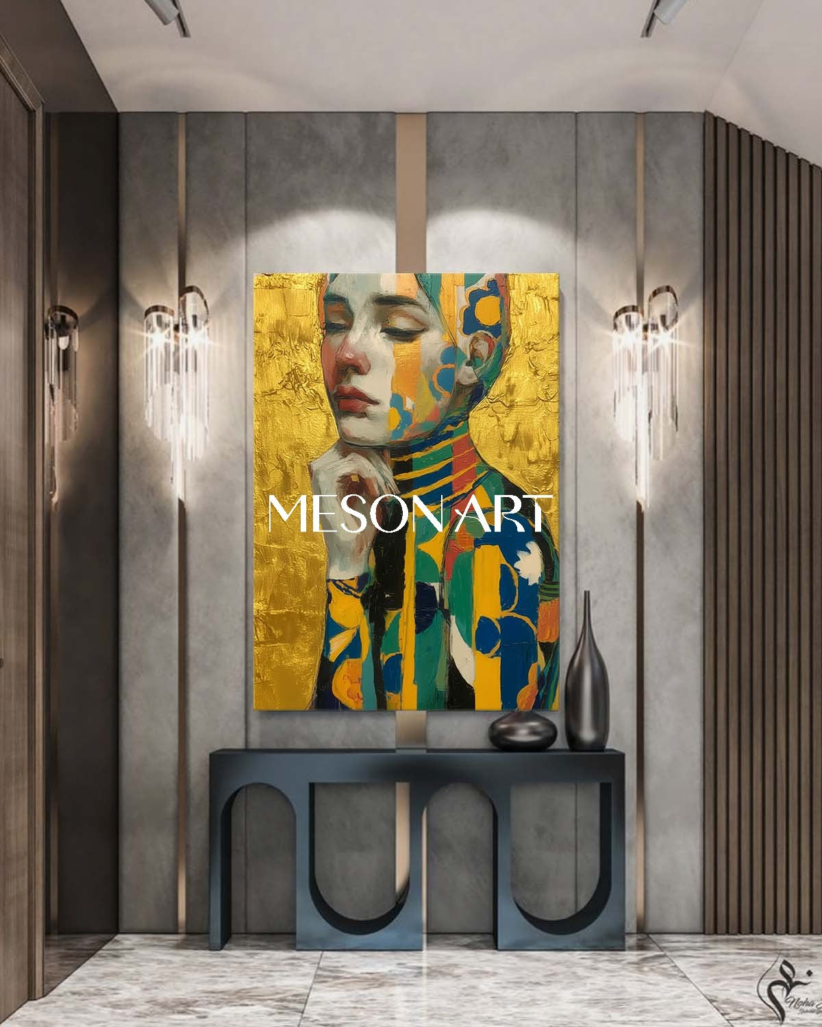 Luxury Gold Klimt Abstract Art Portrait Vertical Custom Oil Artwork
