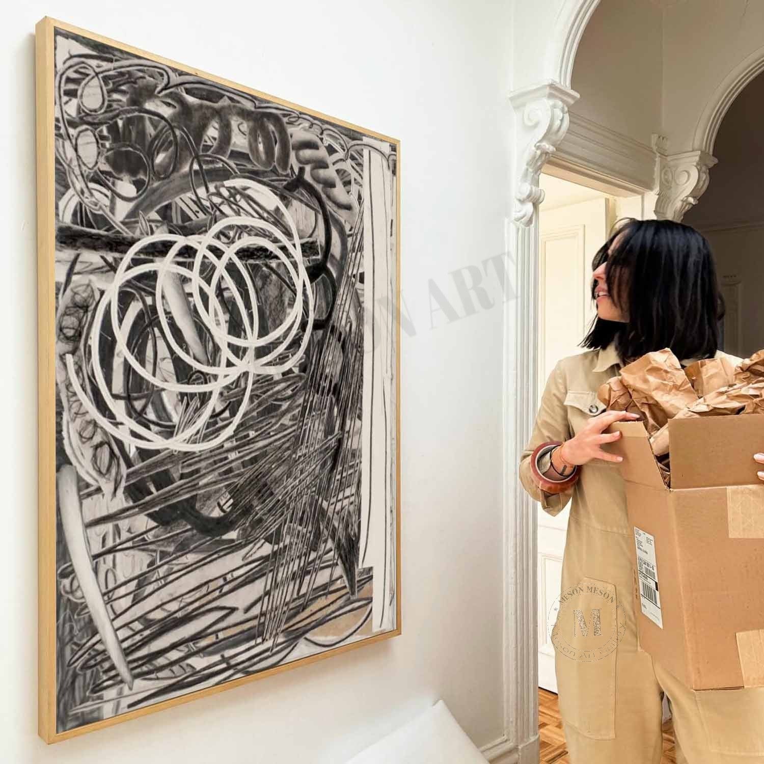 Large Gray Minimalist Painting Grey Lines Abstract Canvas Wall Decor Art For Sale